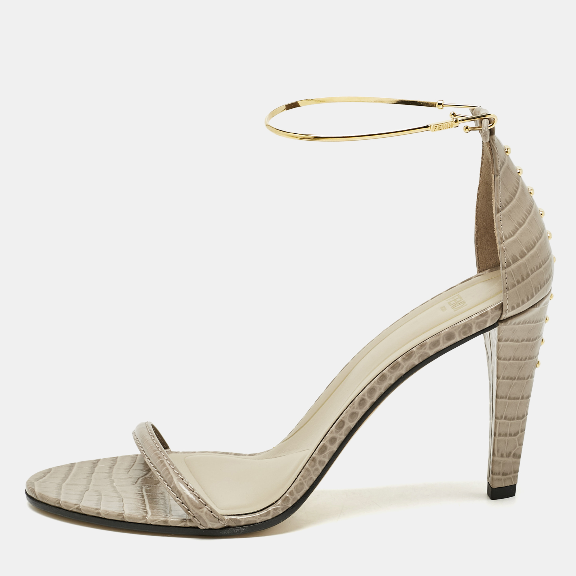 

Fendi Grey Croc Embossed Leather Filo Ankle Strap Sandals Size