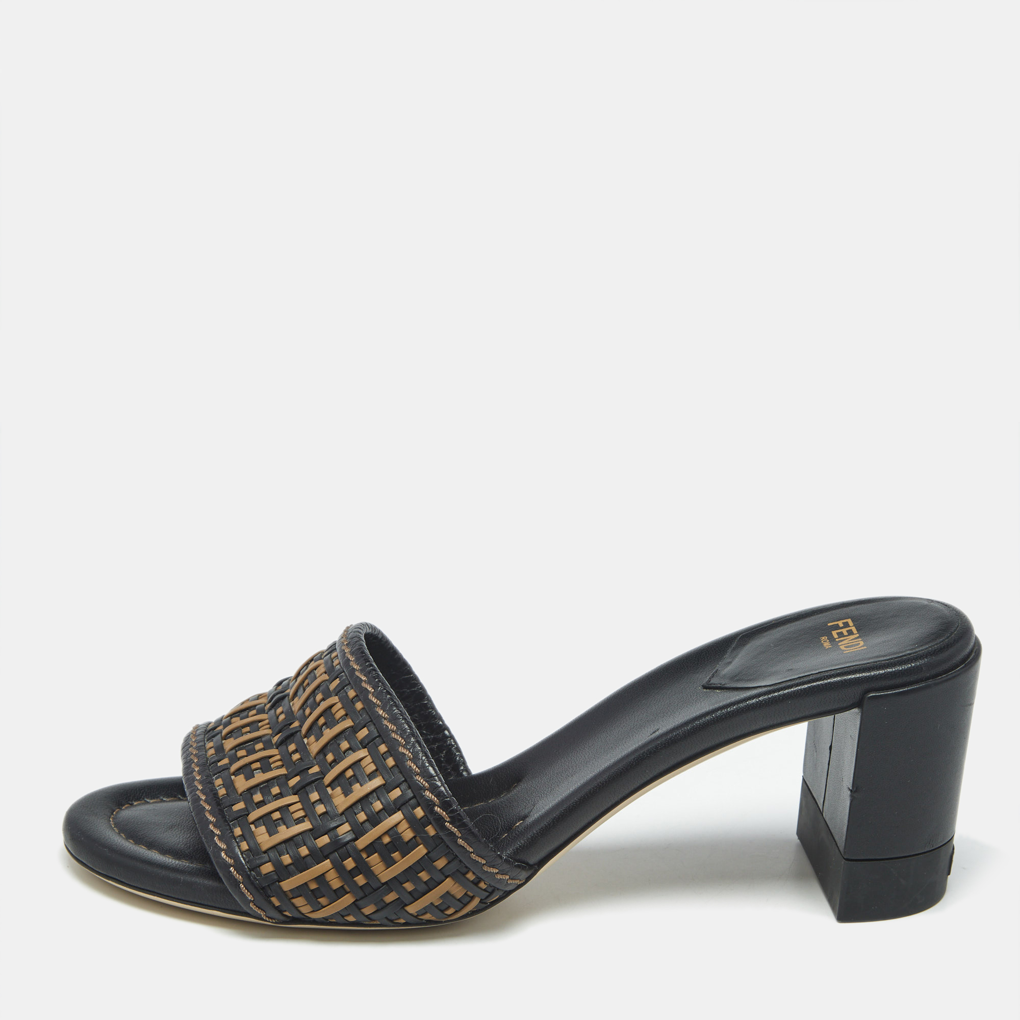 Pre-owned Fendi Black/brown Ff Interlace Leather Slide Sandals Size 37.5