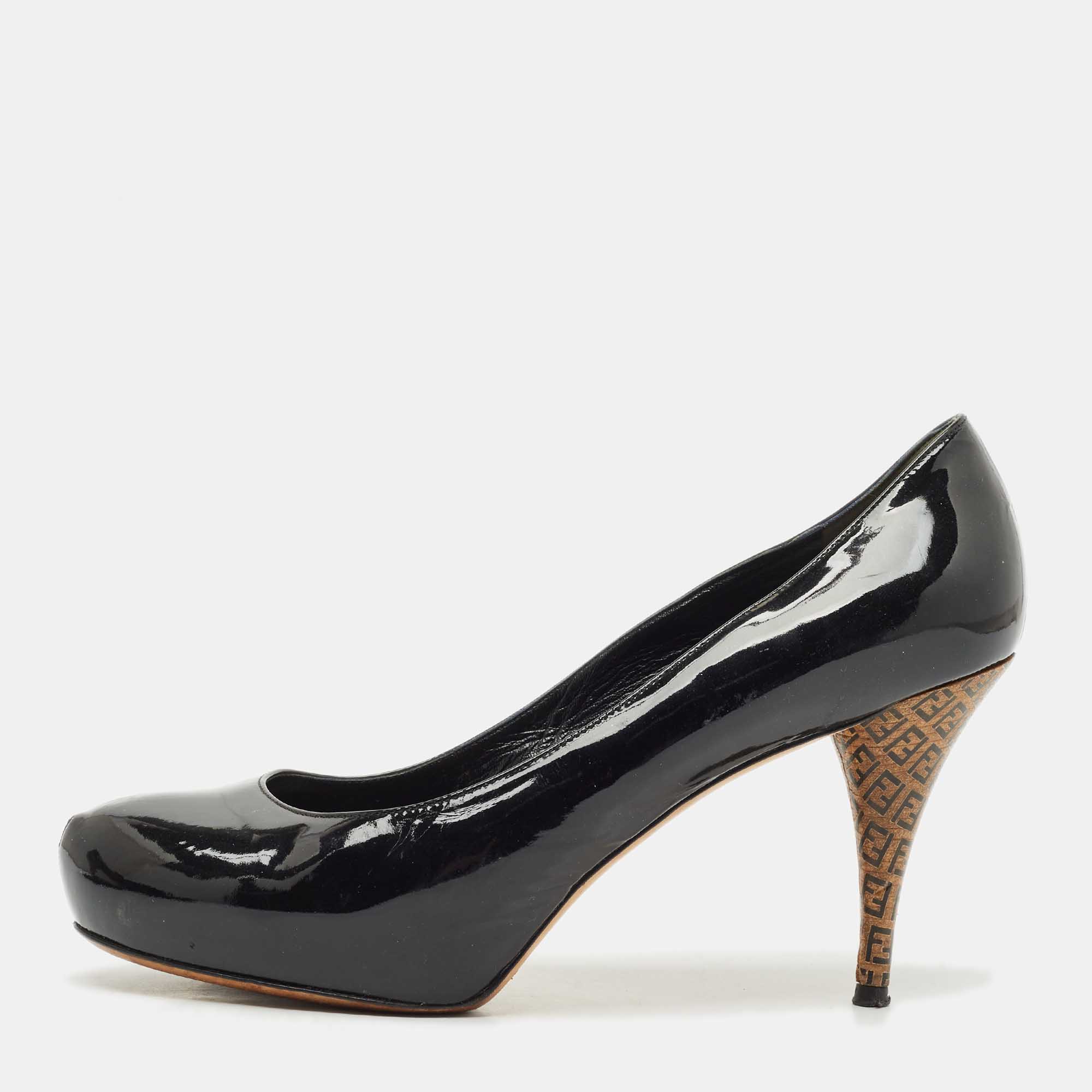 Pre-owned Fendi Black Patent Leather Zucca Heel Platform Pumps Size 41