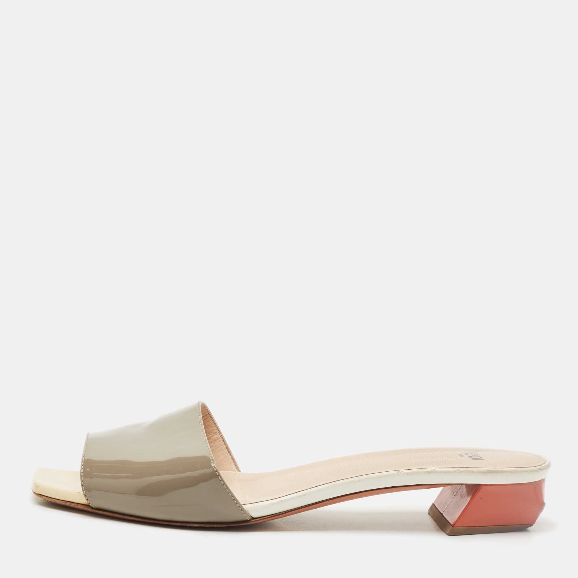 Pre-owned Fendi Tricolor Patent Leather Slide Sandals Size 39 In Gray