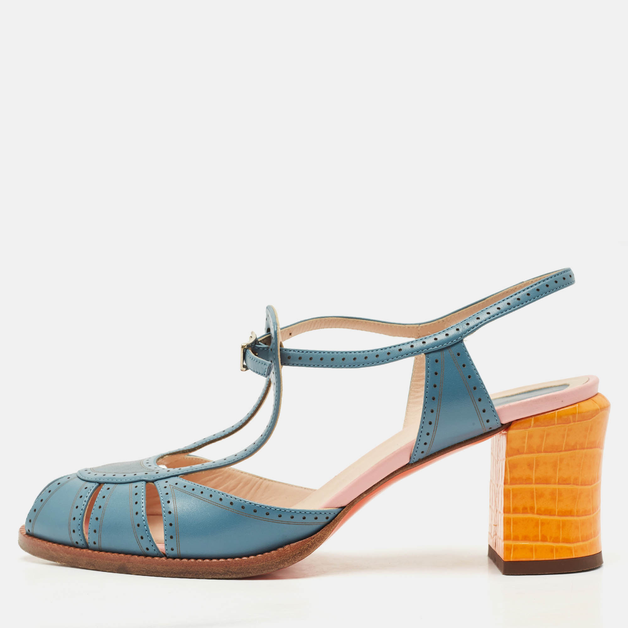 

Fendi Tricolor Leather Chameleon T-Strap Sandals Size, Blue