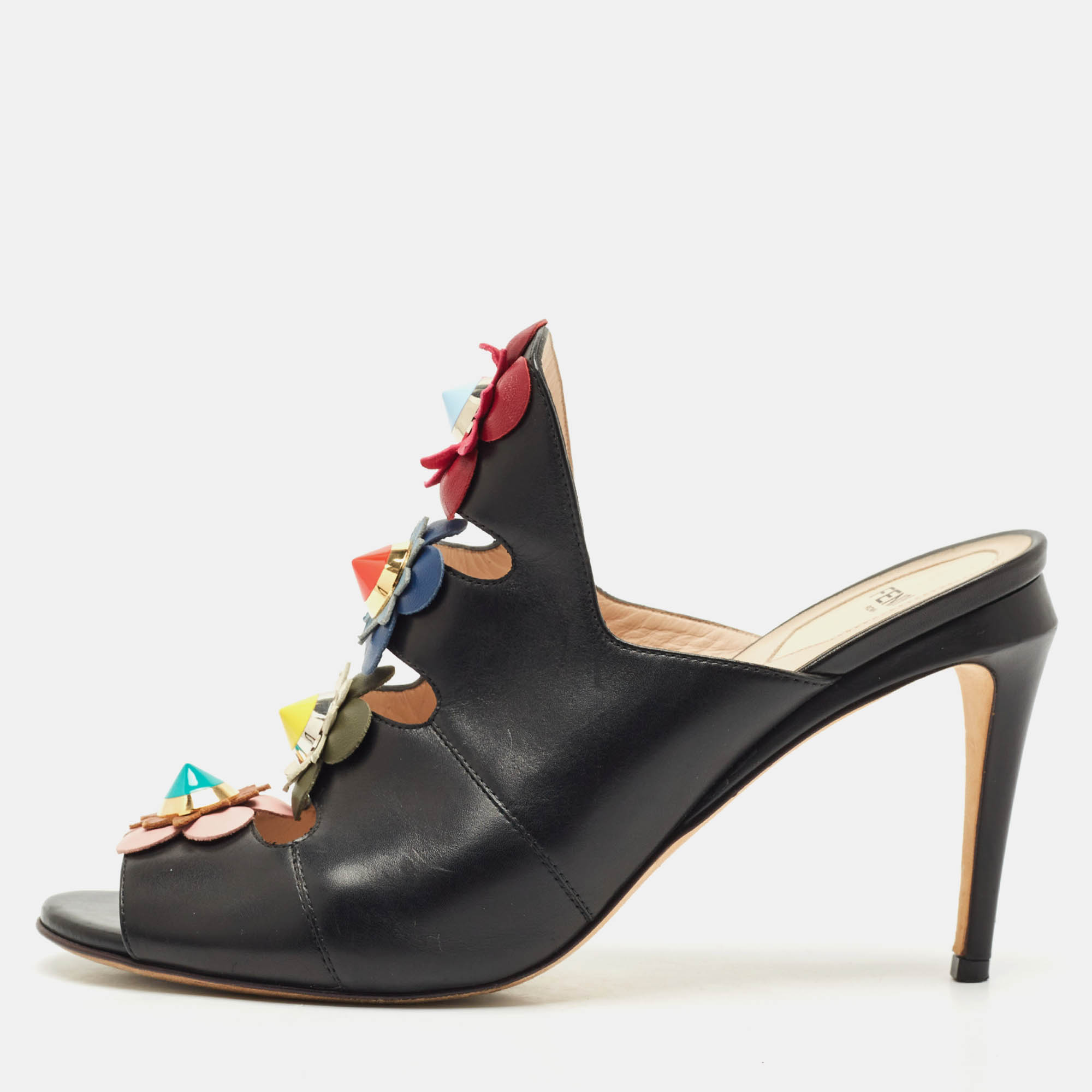 Fendi Black Leather Flowerland Slide Sandals Size 40