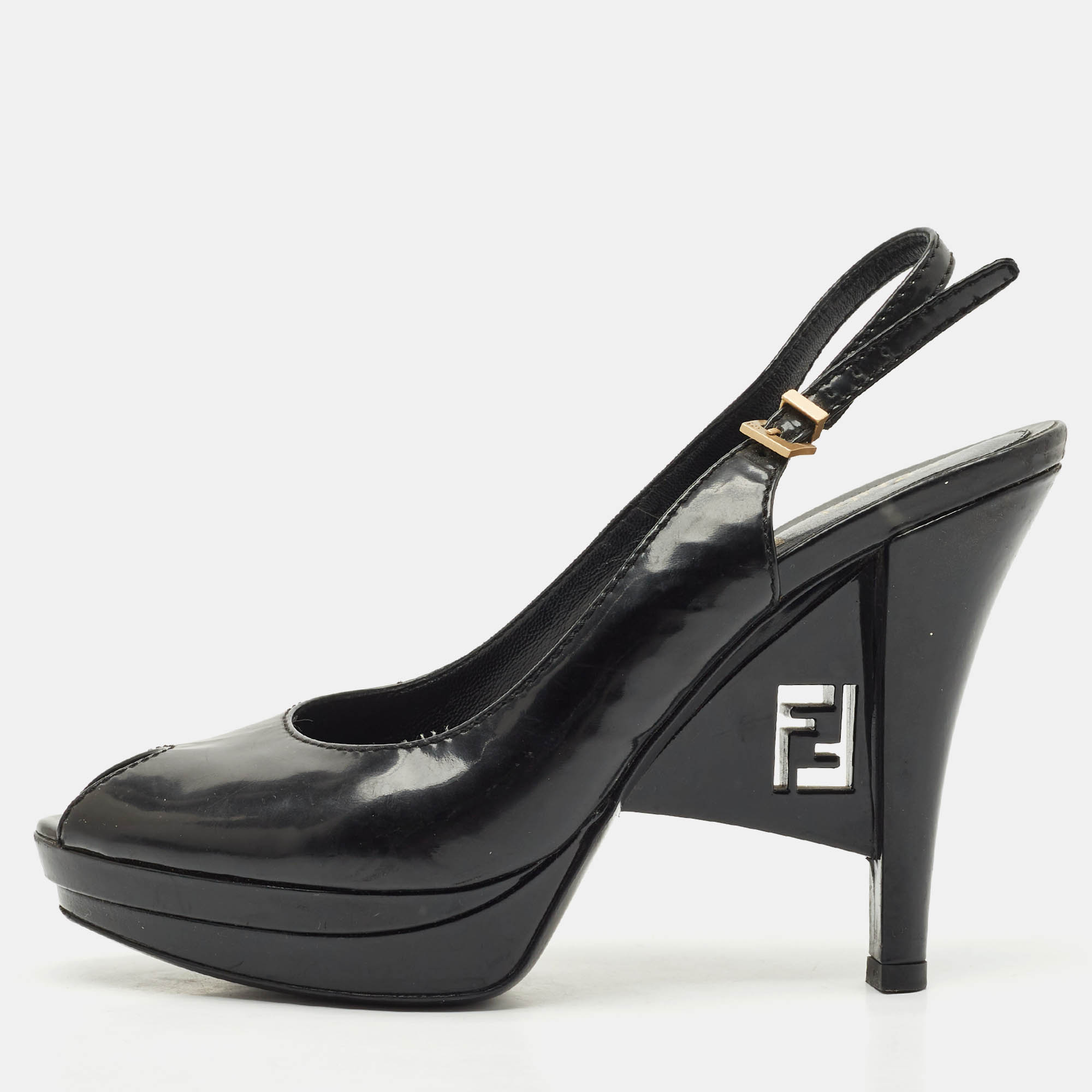 

Fendi Black Patent Leather Fendista Platform Slingback Pumps Size
