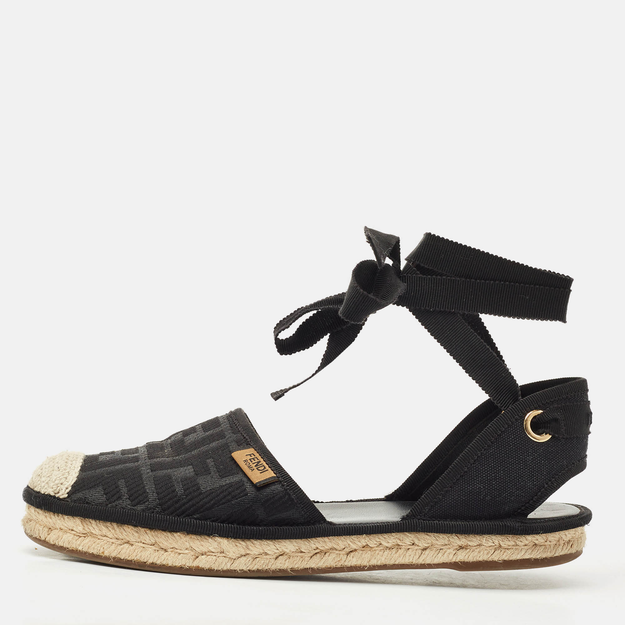 Pre-owned Fendi Black Ff Logo Embroidered Fabric Ankle Wrap Espadrille Flats Size 38