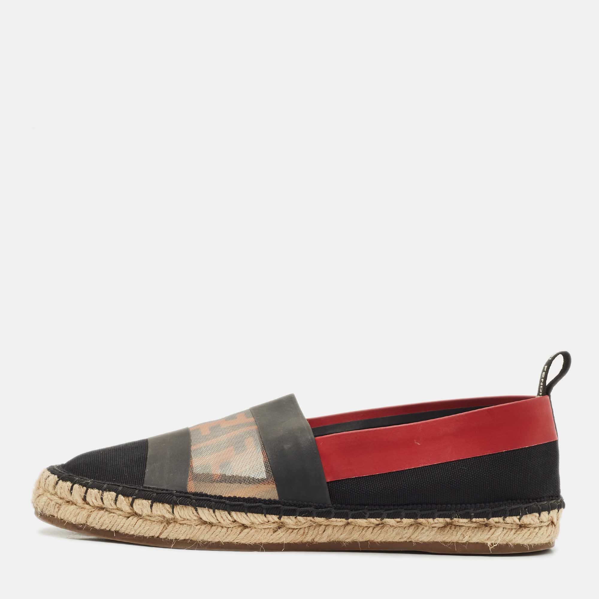 Pre-owned Fendi Black/red Zucca Leather And Mesh Espadrille Flats Size 36