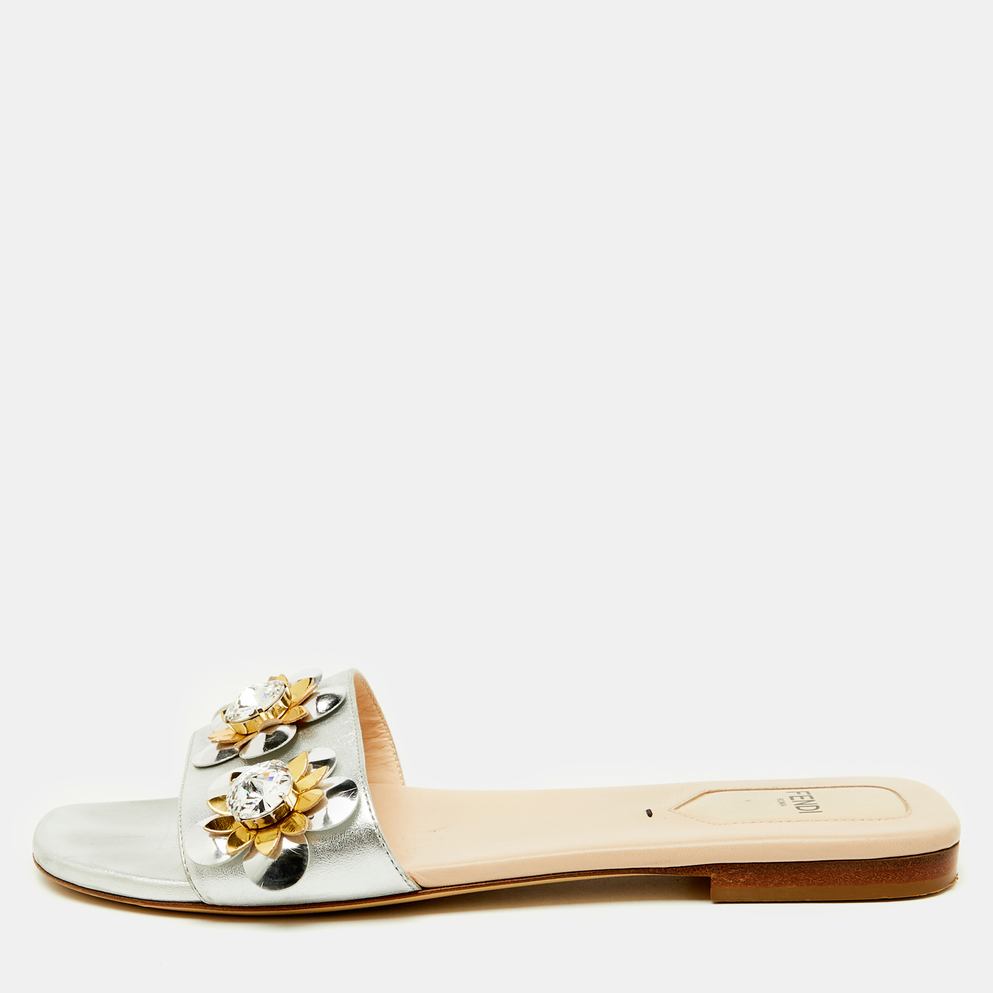 Fendi Silver Leather Flowerland Embellished Flat Slide Sandals Size 38