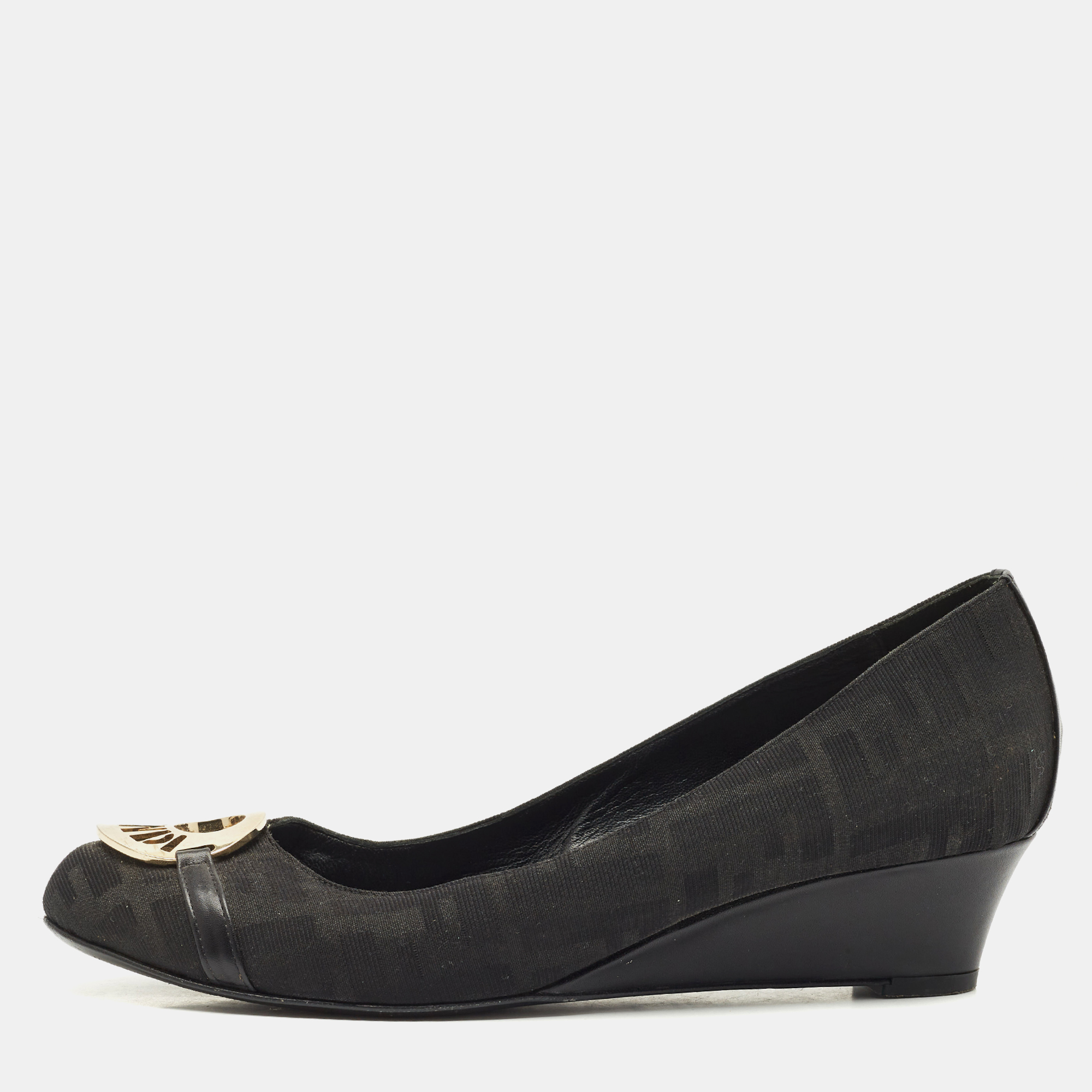 

Fendi Black Canvas Logo Wedges Sandals Size