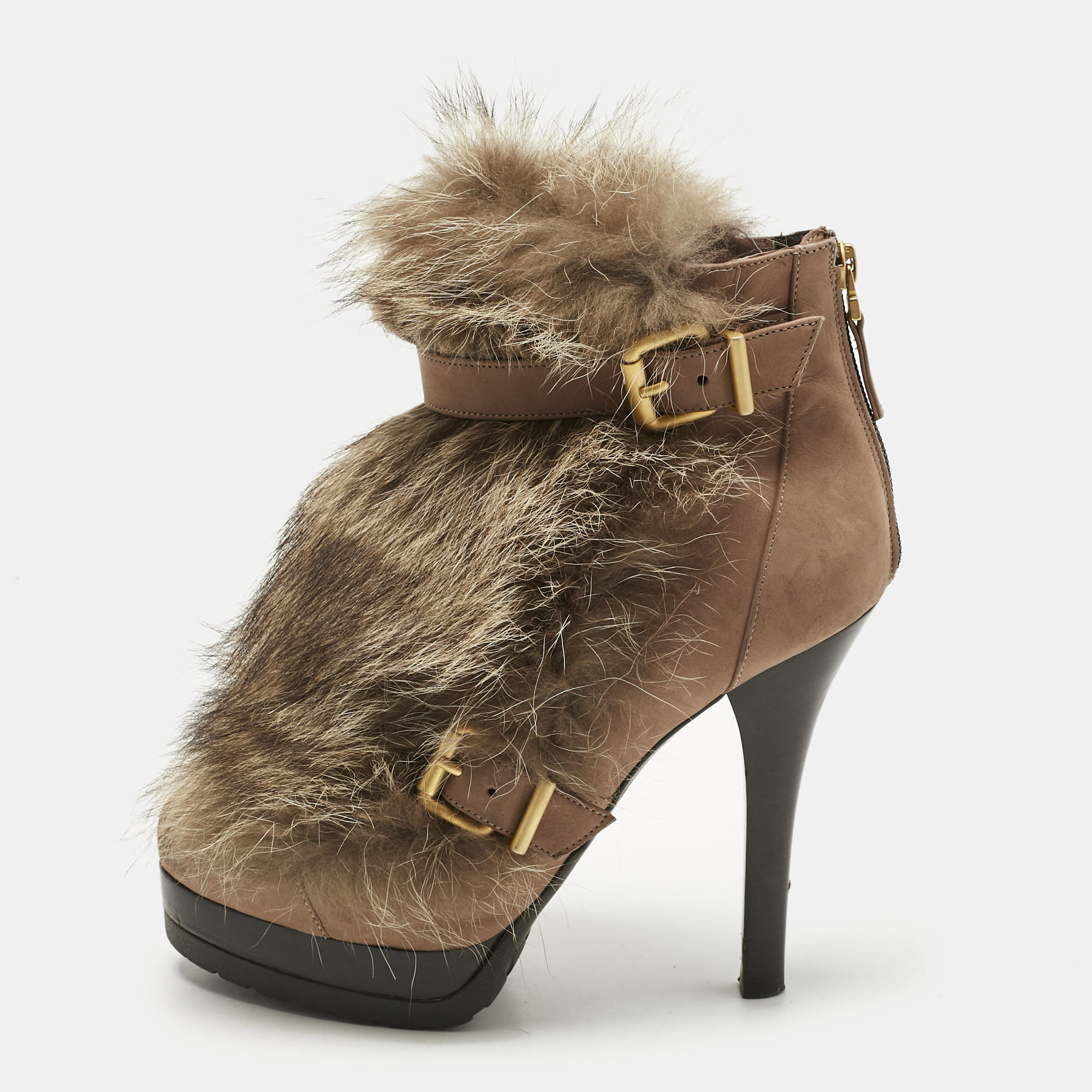Pre-owned Fendi Brown Nubuck Leather And Raccoon Fur Platform Ankle Boots Size 40