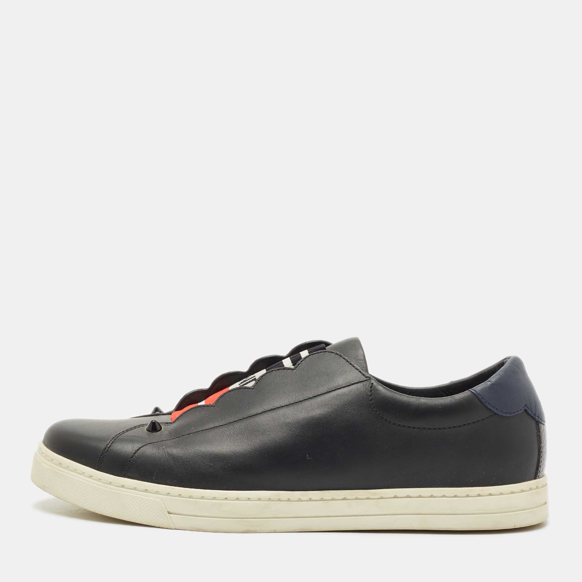 

Fendi Black/Blue Leather Logo Knit Rockoko Scallop Detail Slip On Sneakers Size