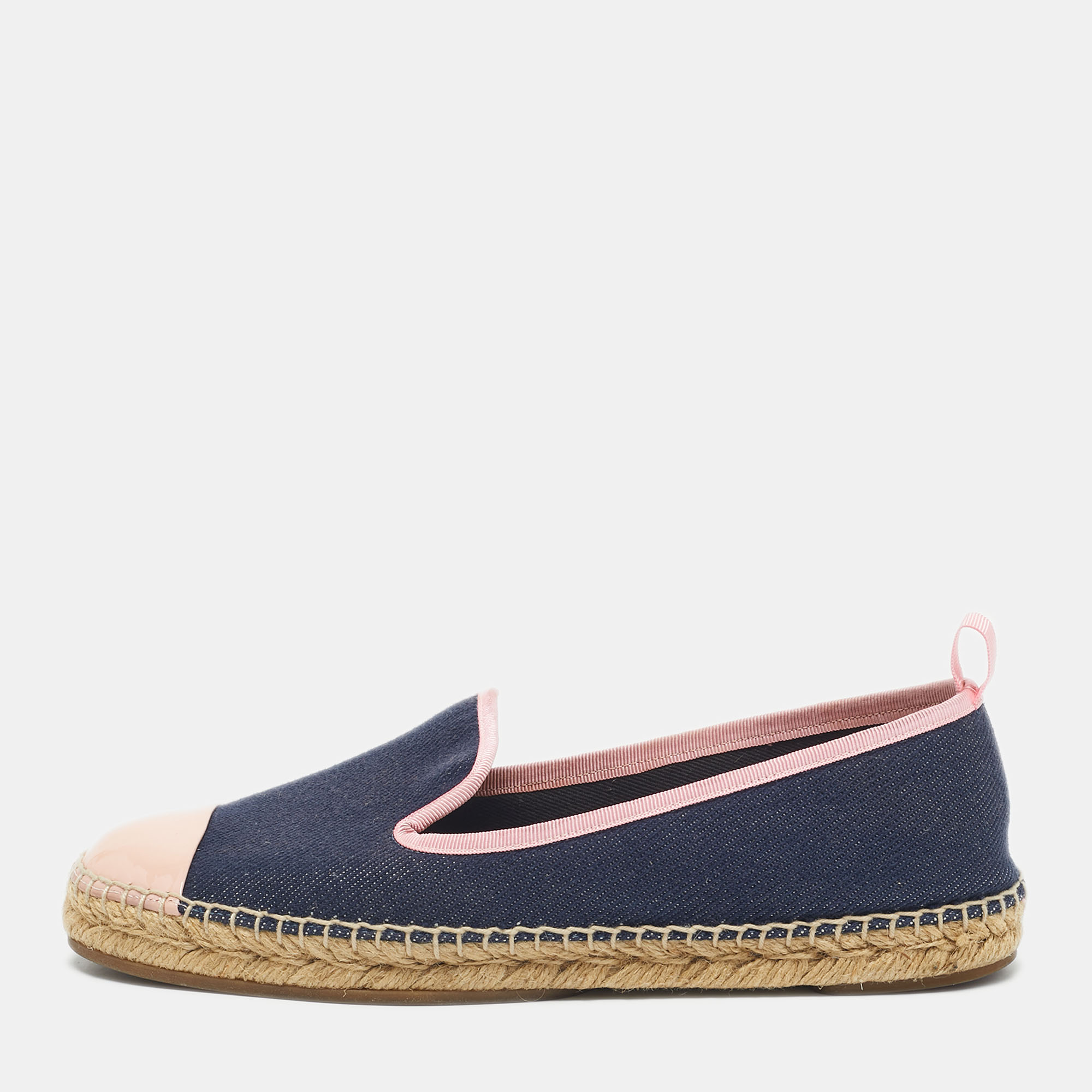 

Fendi Navy Blue/Pink Denim And Patent Leather Junia Cap Toe Espadrilles Flats Size