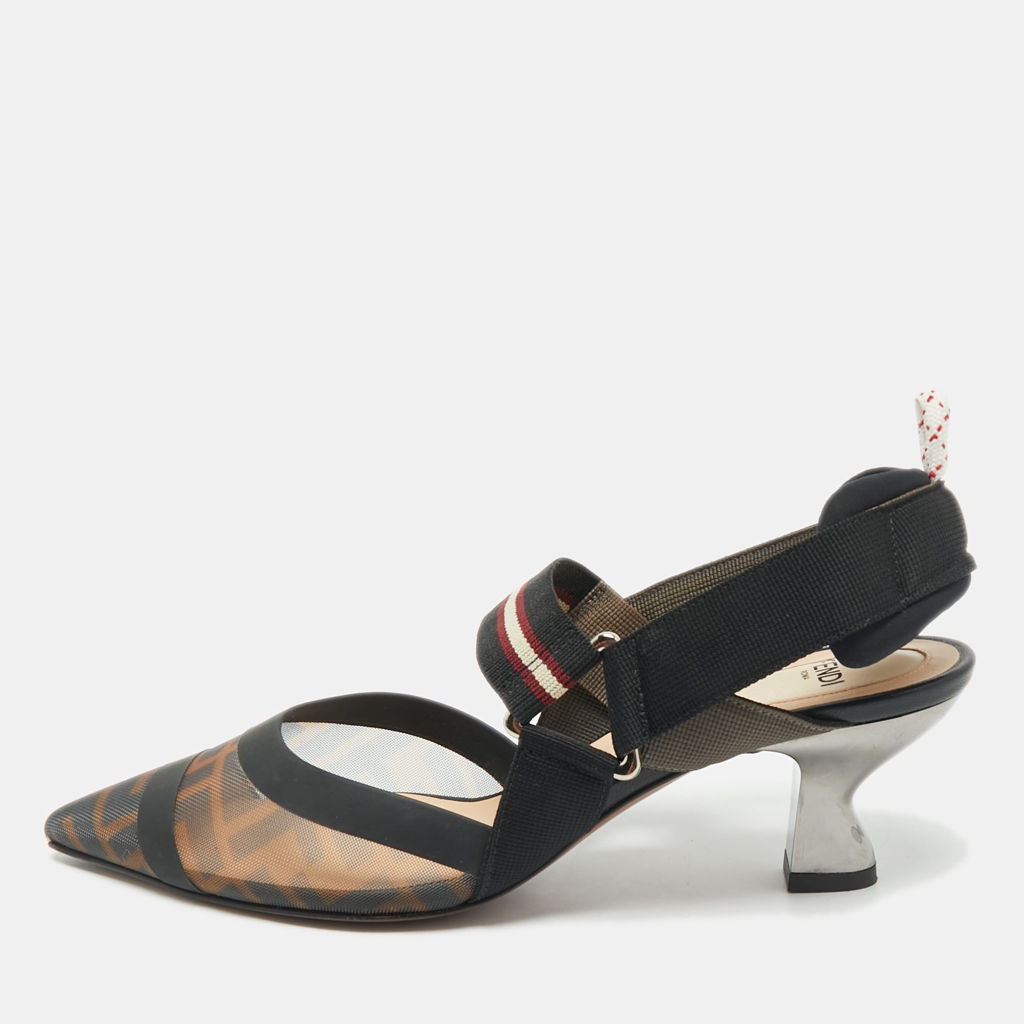 

Fendi Brown/Black Zucca Mesh and Fabric Colibri Slingback Sandals Size