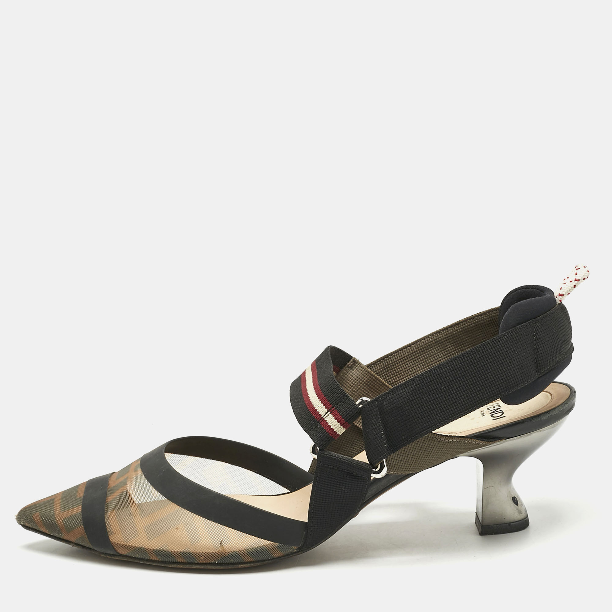 

Fendi Brown/Black Zucca Mesh and Canvas Colibri Slingback Pumps Size