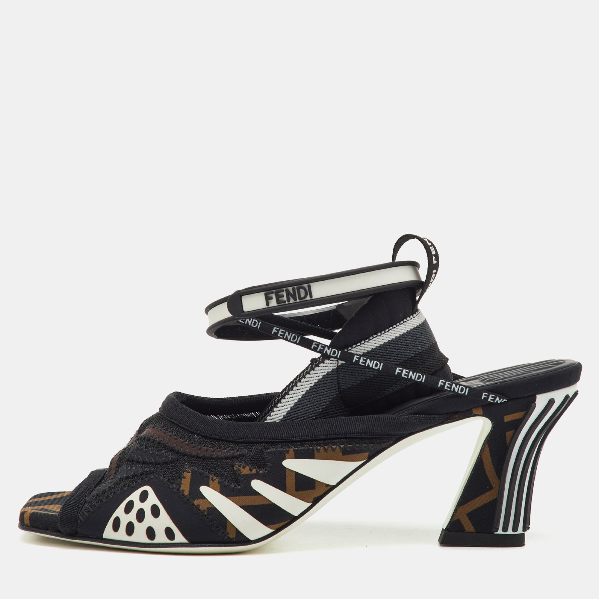 

Fendi Black/Brown FF Neoprene and Mesh Freedom Patchwork Slingback Sandals Size