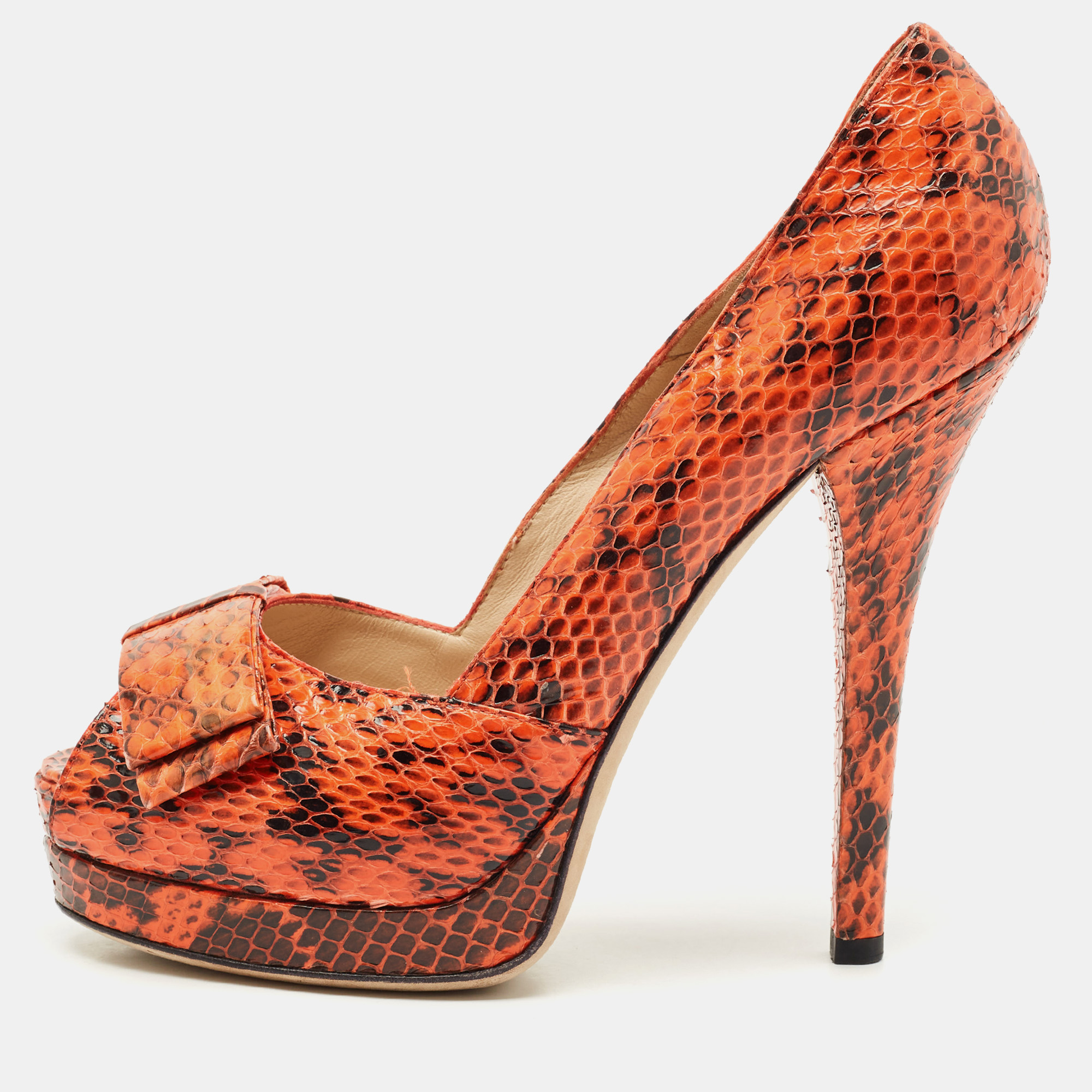 Pre-owned Fendi Orange/brown Python Leather Peep Toe Platform Pumps Size 40