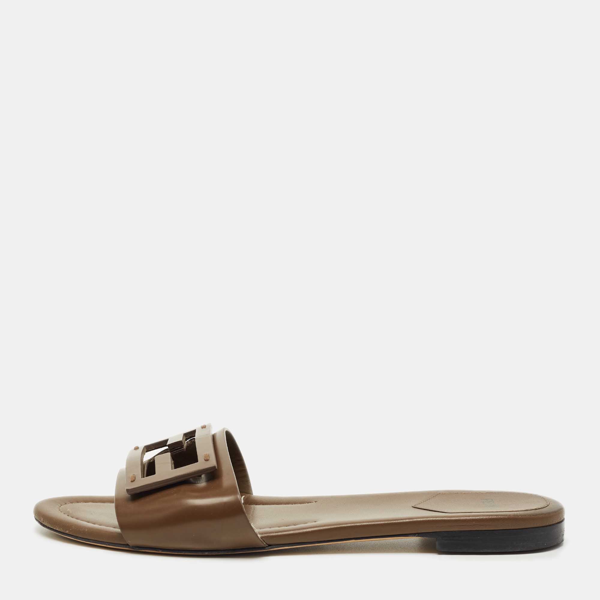 

Fendi Dark Brown Leather Logo Flat Slide Sandals Size