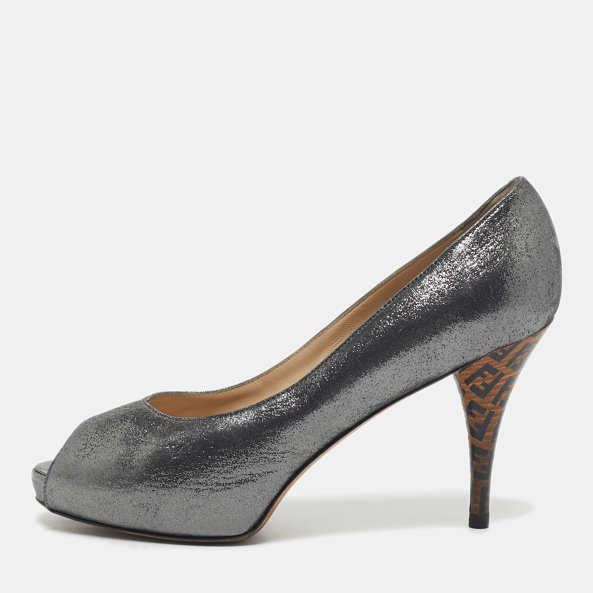 

Fendi Silver Texture Suede Peep Toe Platform Pumps Size 38.5