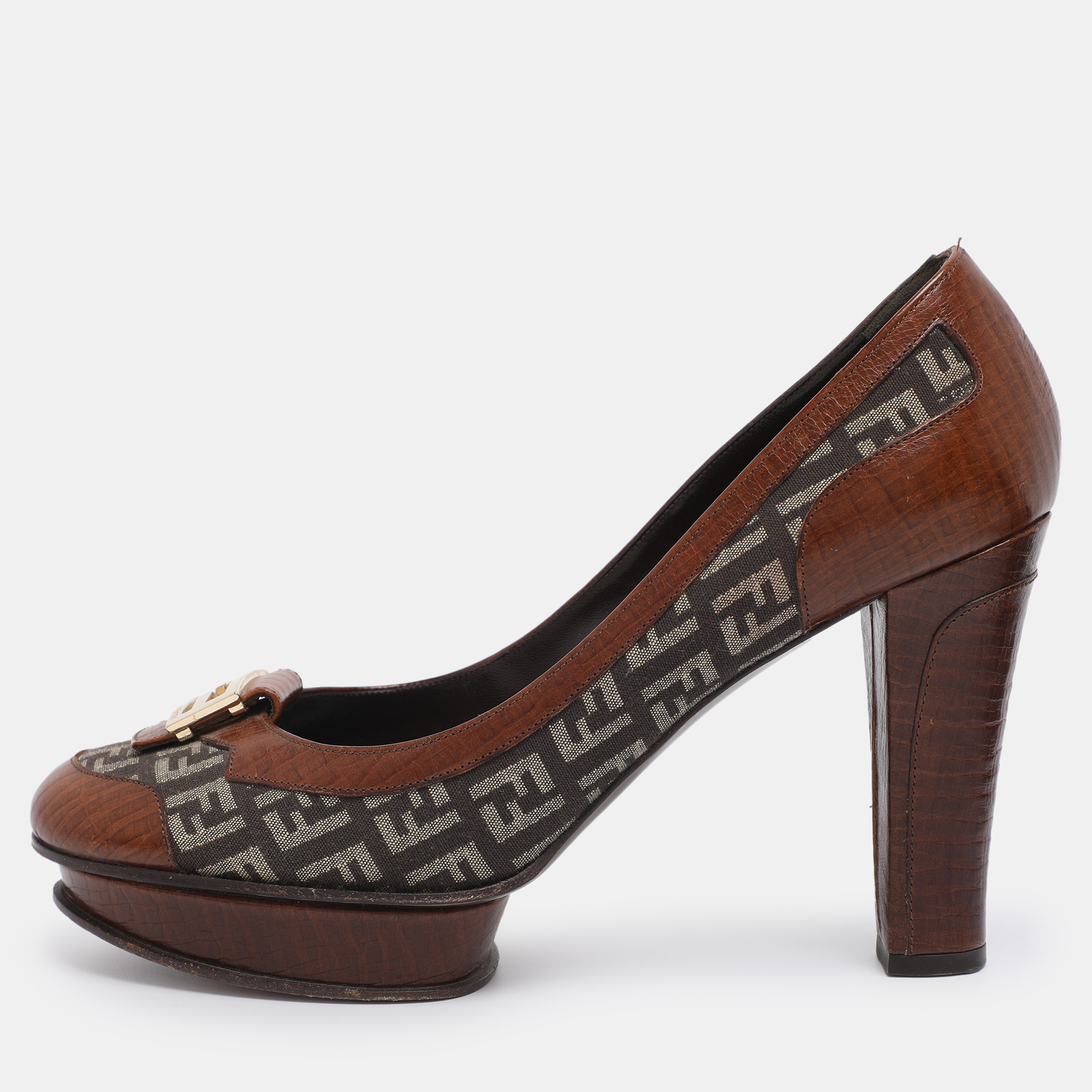 Pre-owned Fendi Brown Zucca Canvas And Leather Platform Pumps Size 40