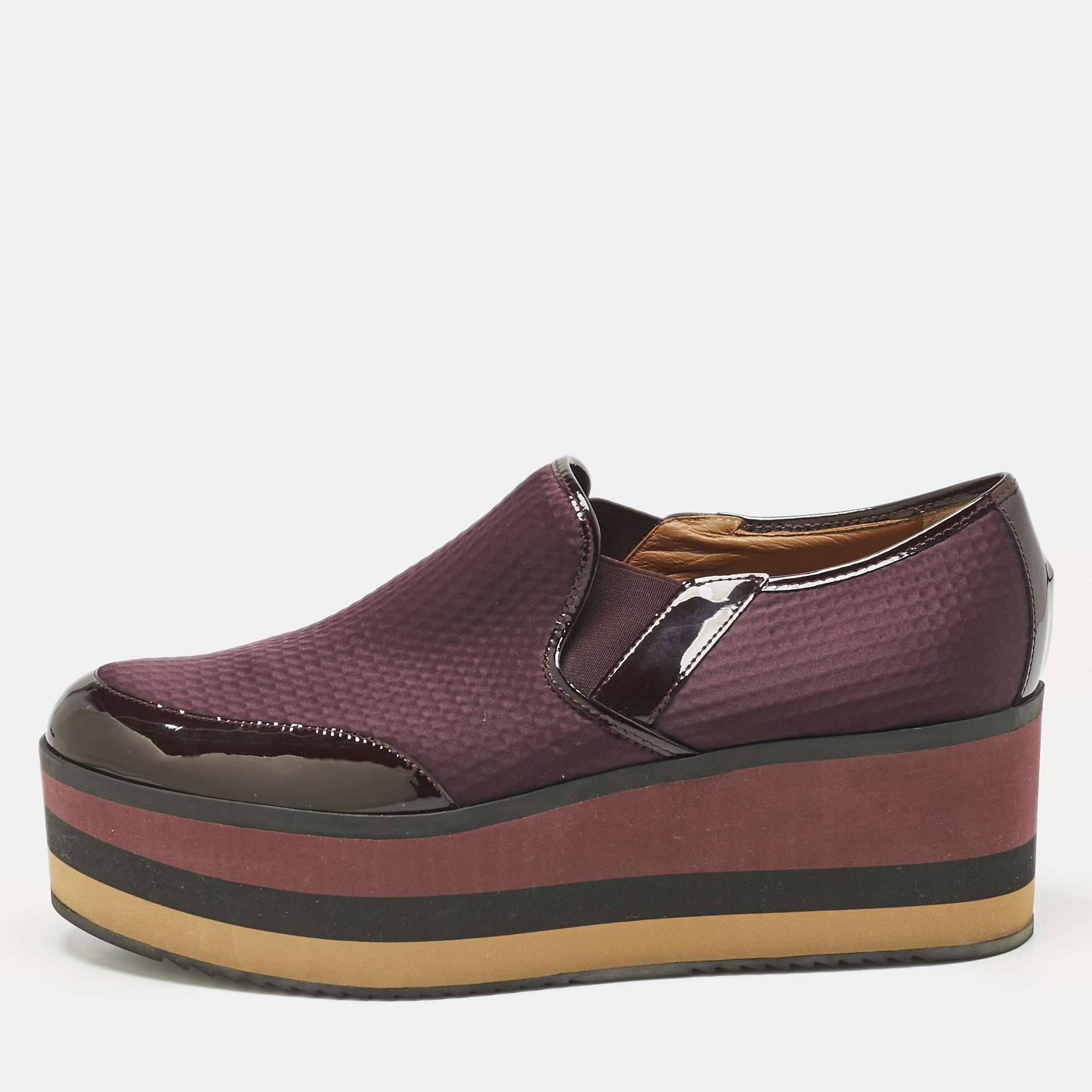 Pre-owned Fendi Burgundy Patent Leather And Canvas Platform Slip On Sneakers Size 39