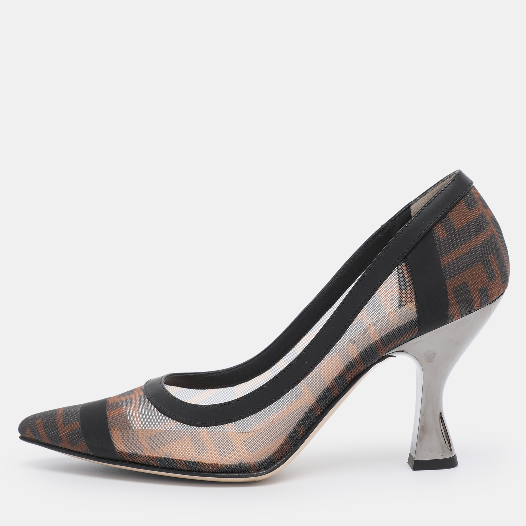 

Fendi Brown/Black Zucca Mesh and Leather Colibri Pumps Size