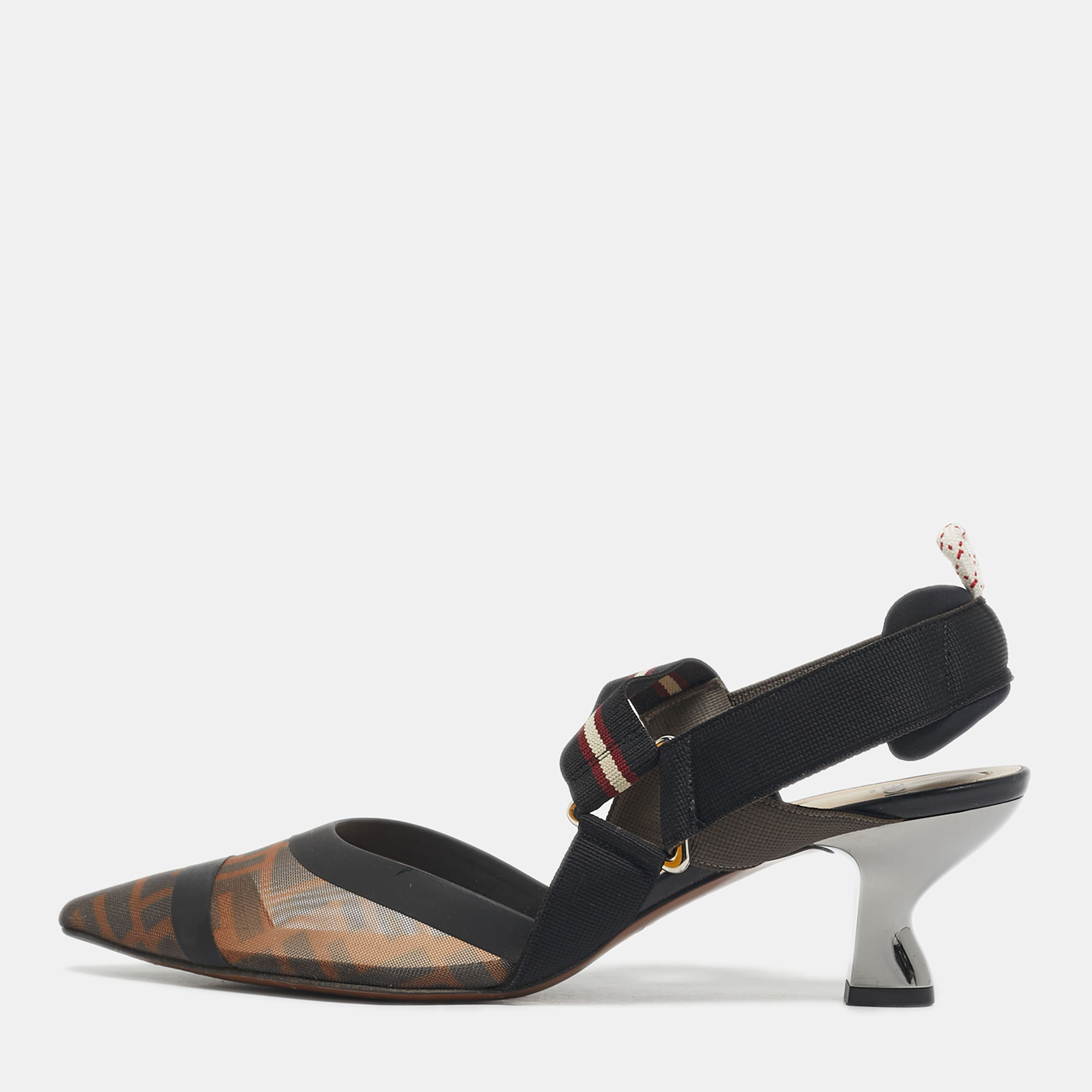 Pre-owned Fendi Multicolor Mesh And Canvas Colibri Slingback Pumps Size 39.5 In Brown