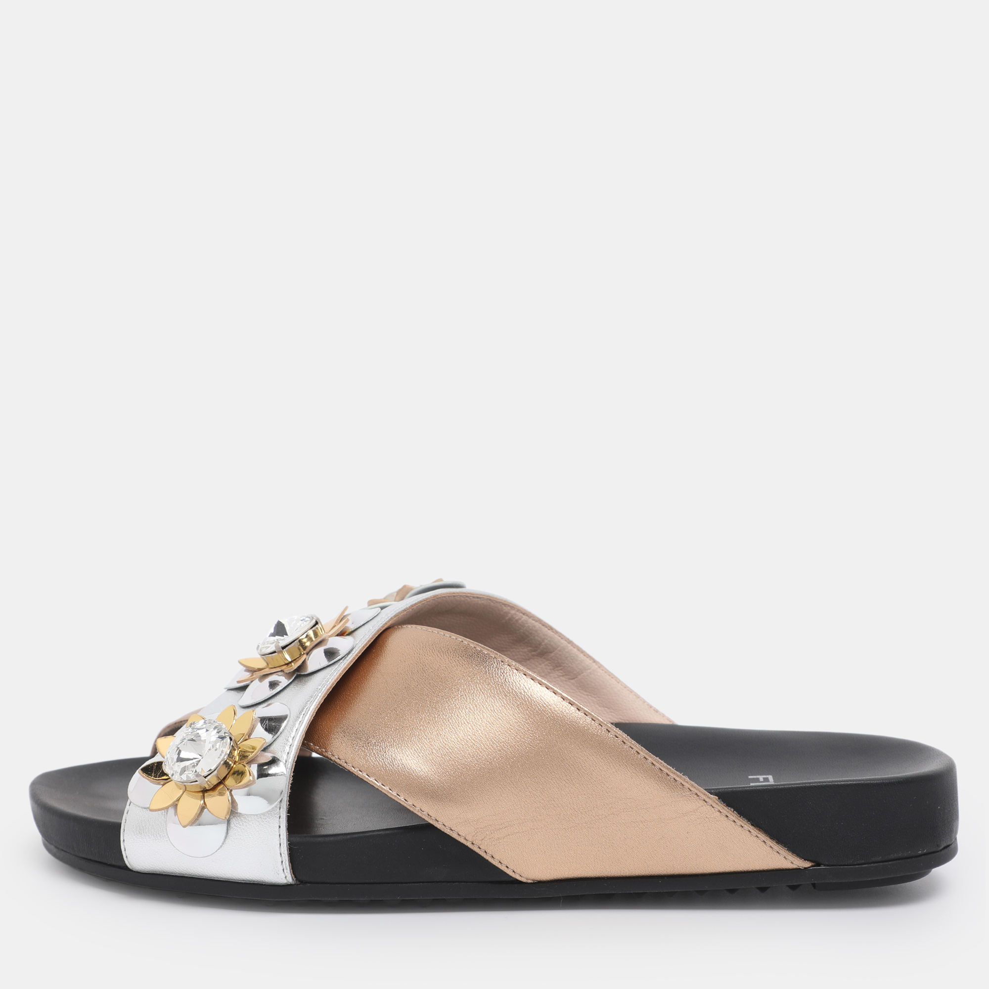 Pre-owned Fendi Gold/silver Leather Crisscross Flowerland Slide Flats Size 36