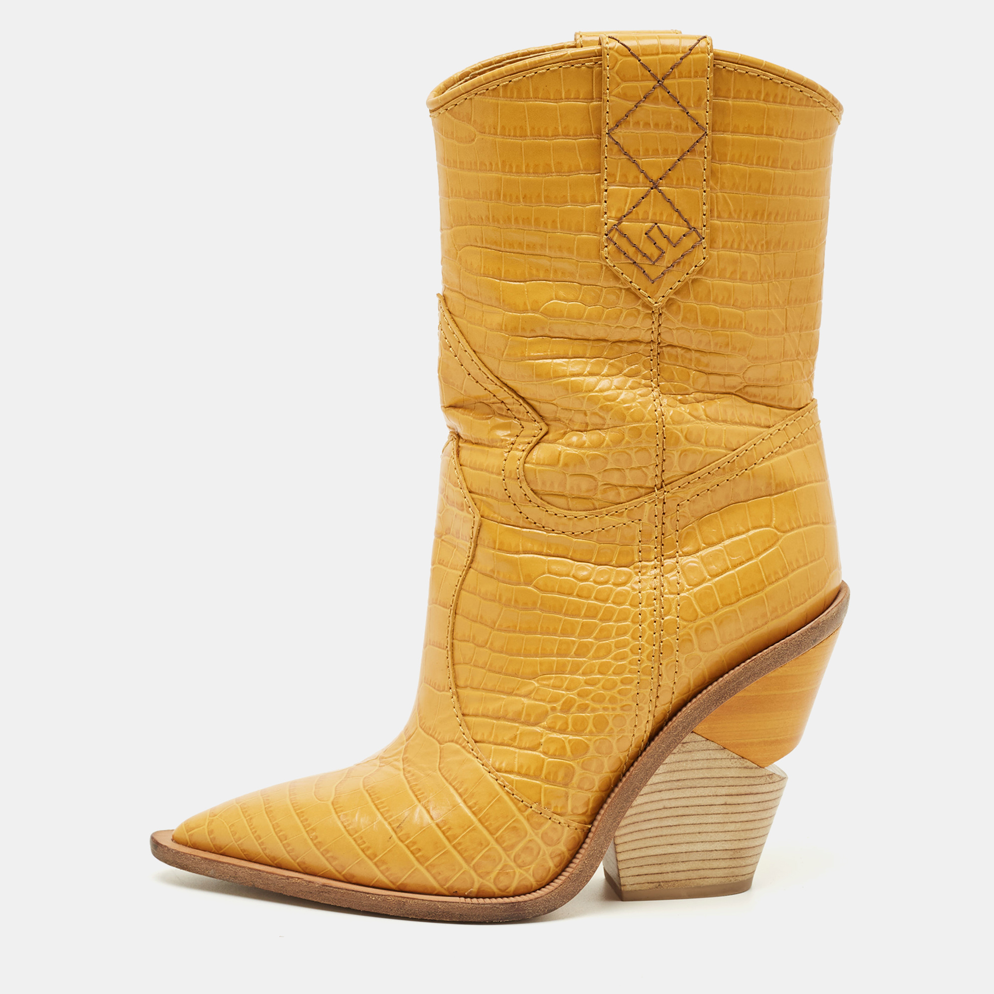 

Fendi Yellow Croc Embossed Leather Cowboy Mid Calf Boots Size