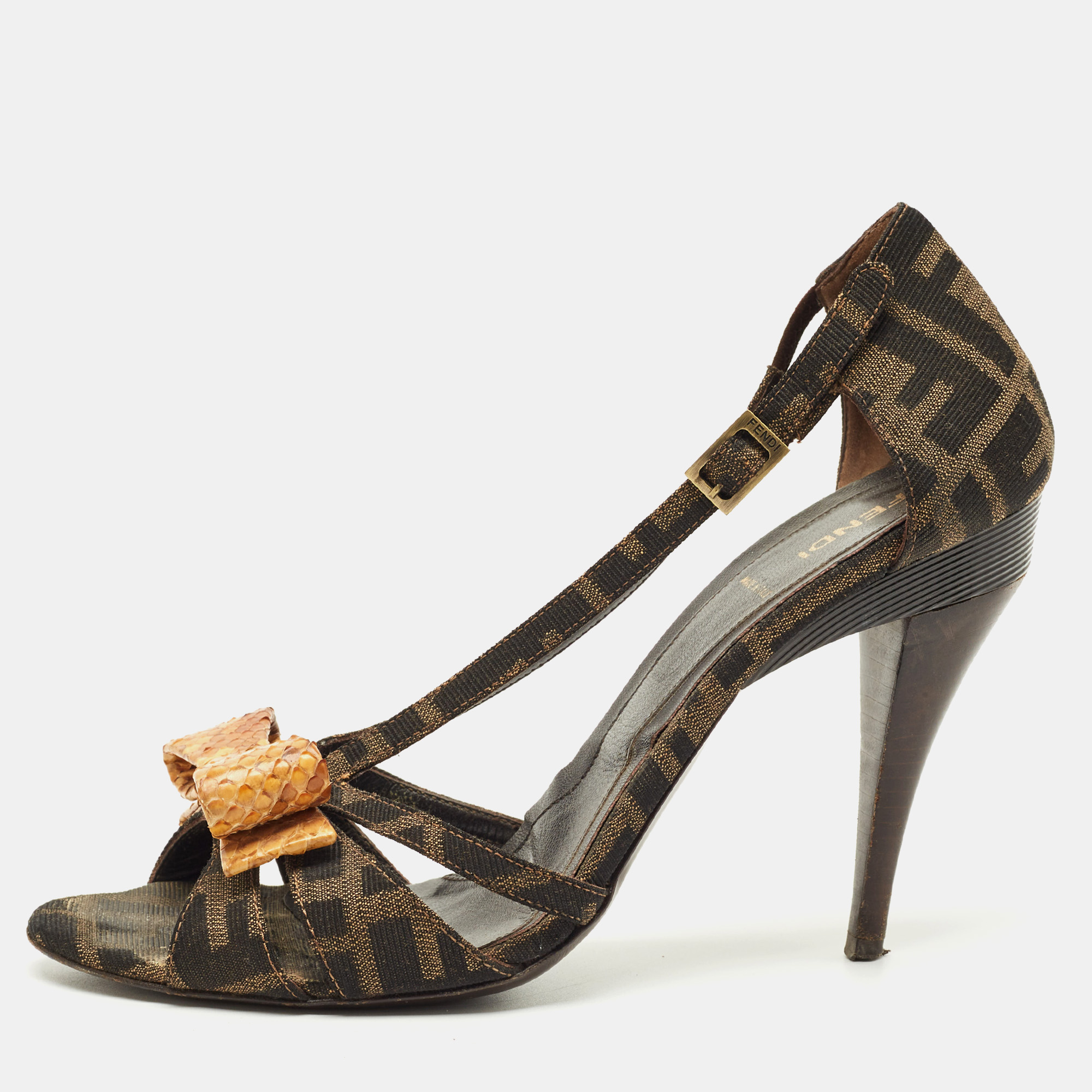 Pre-owned Fendi Tobacco Zucca Canvas And Python Leather Bow Slingback Sandals Size 40 In Brown