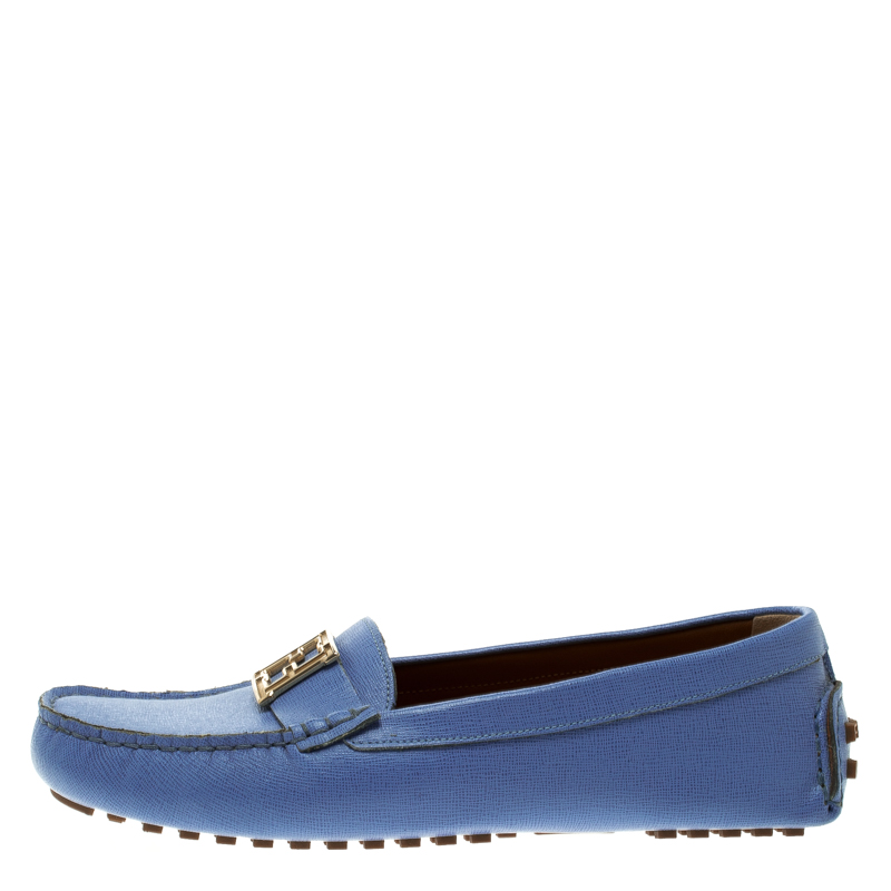 

Fendi Sky Blue Saffiano Leather Logo Loafers Size