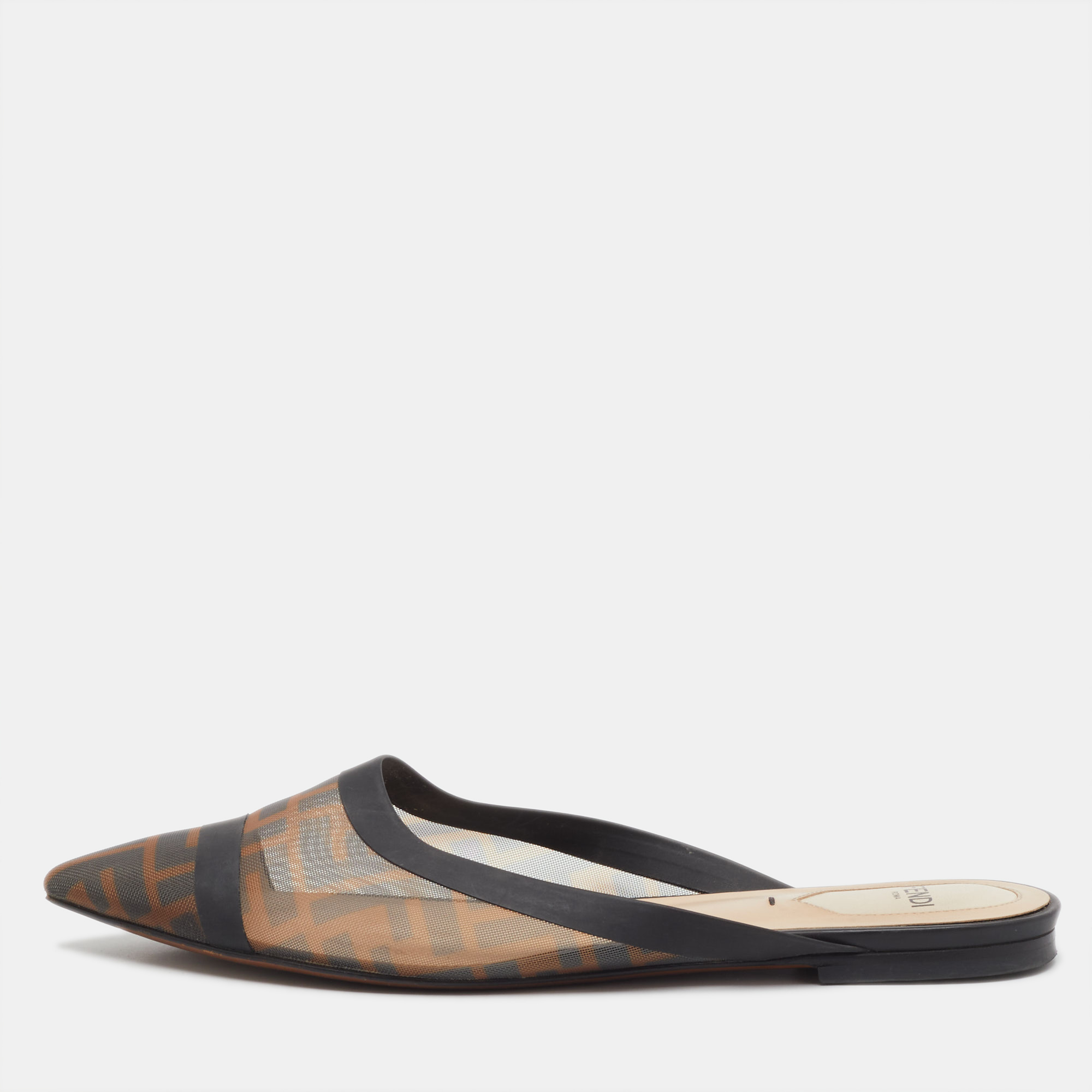

Fendi Tobacco FF Logo Print Mesh Colibri Flat Mules Size, Brown