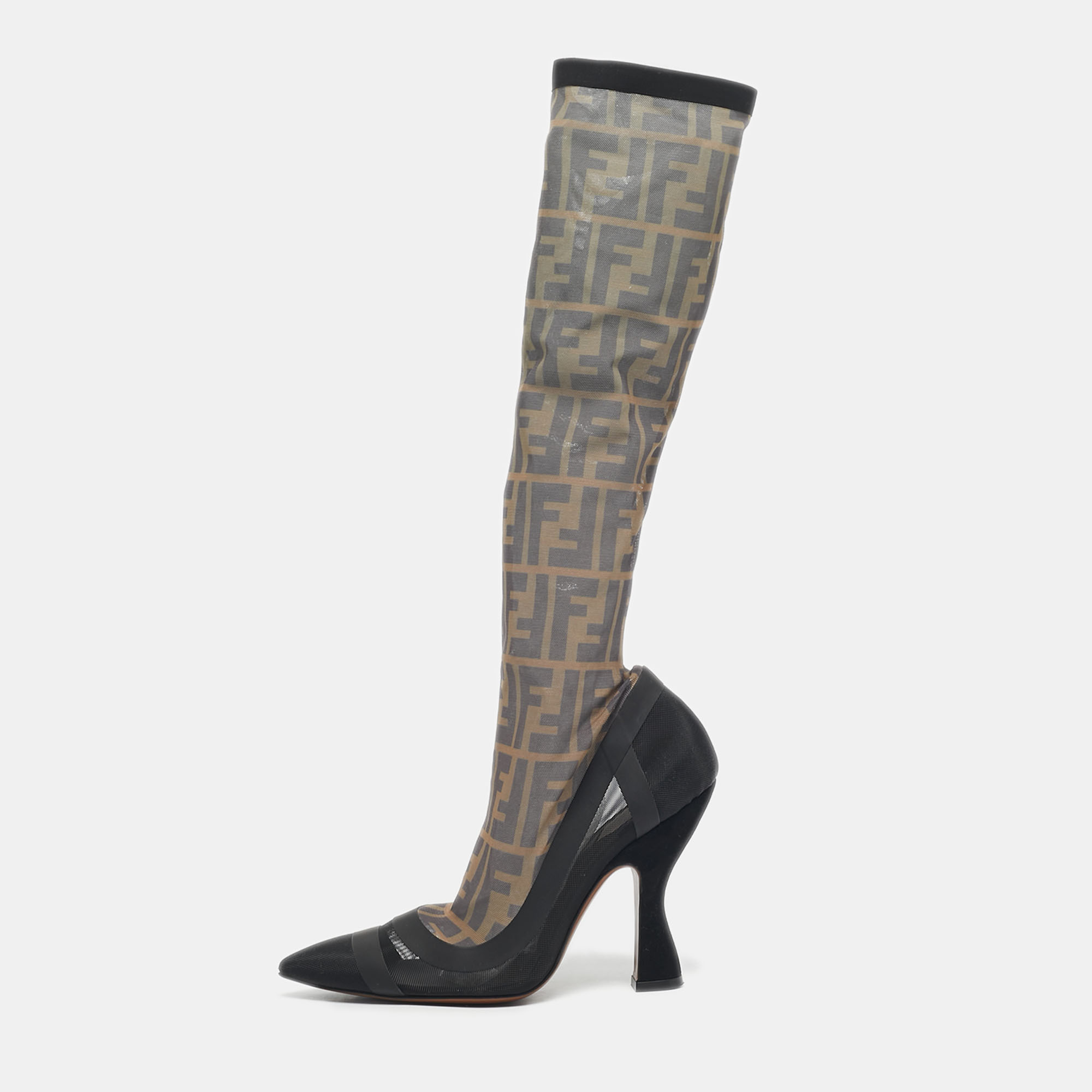 Pre-owned Fendi Black/beige Zucca Mesh And Fabric Colibri Knee Length Boots Size 37