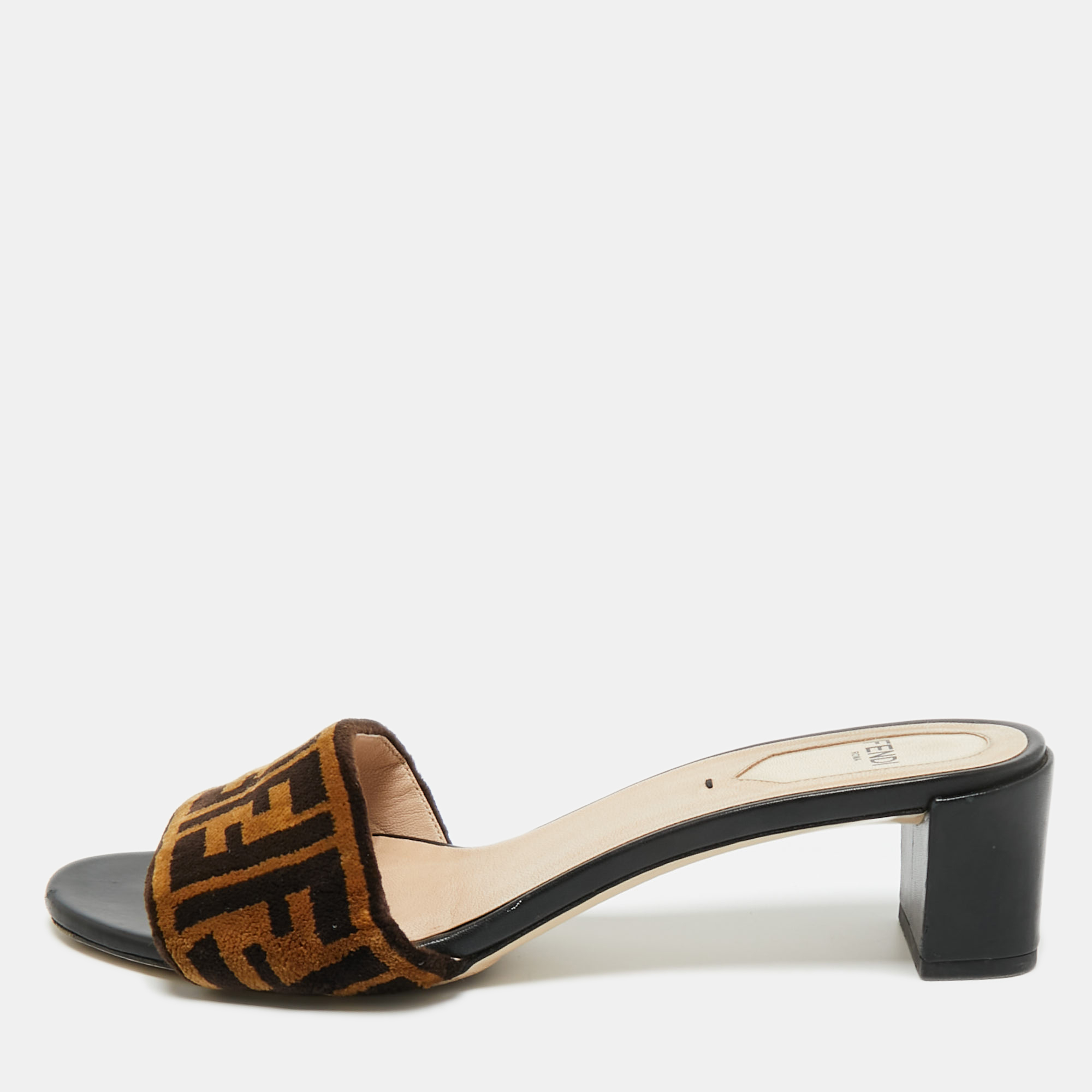 Fendi Black/Brown Zucca Velvet Slide Sandals Size 38