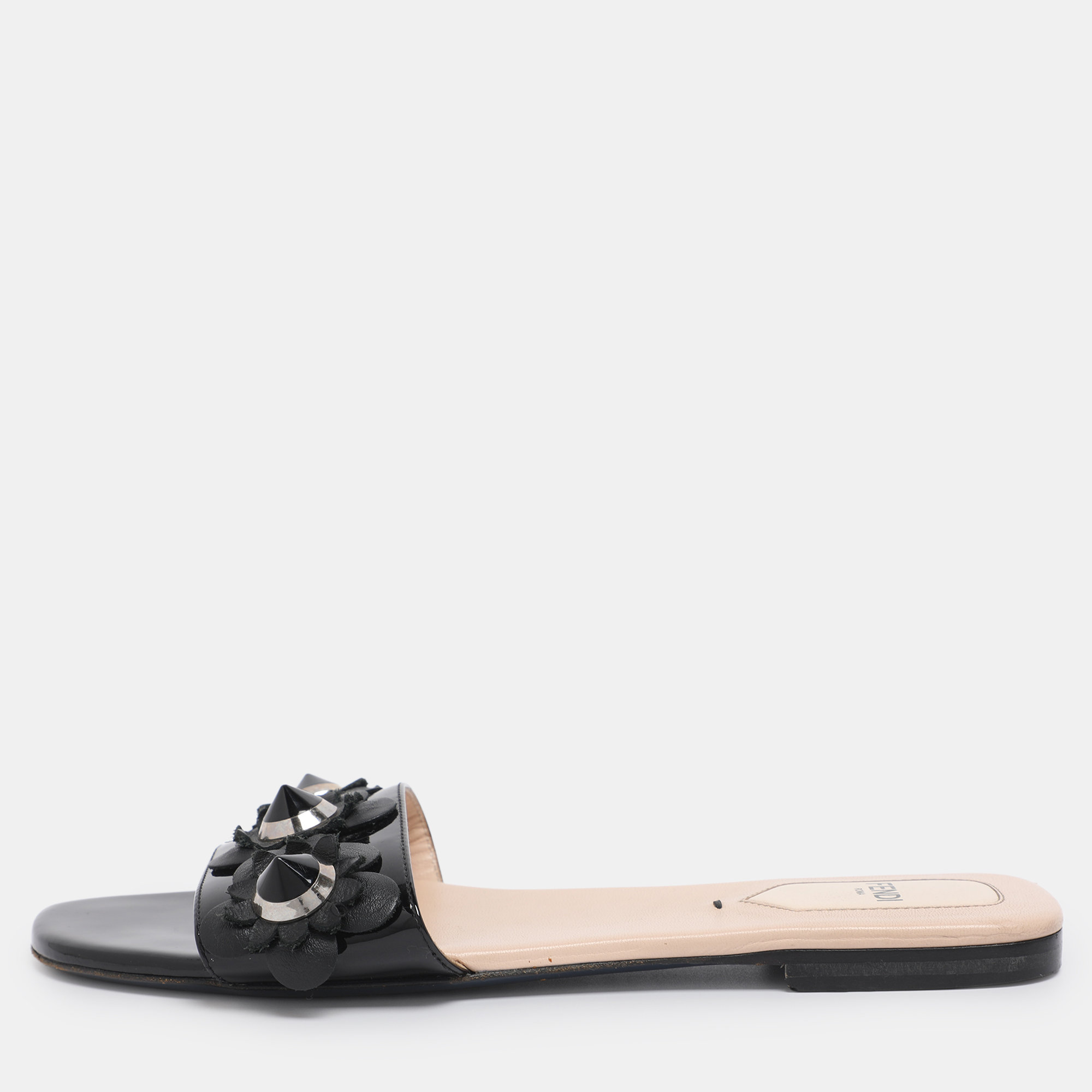 Pre-owned Fendi Black Patent Leather Flower Stud Flat Slides Size 38