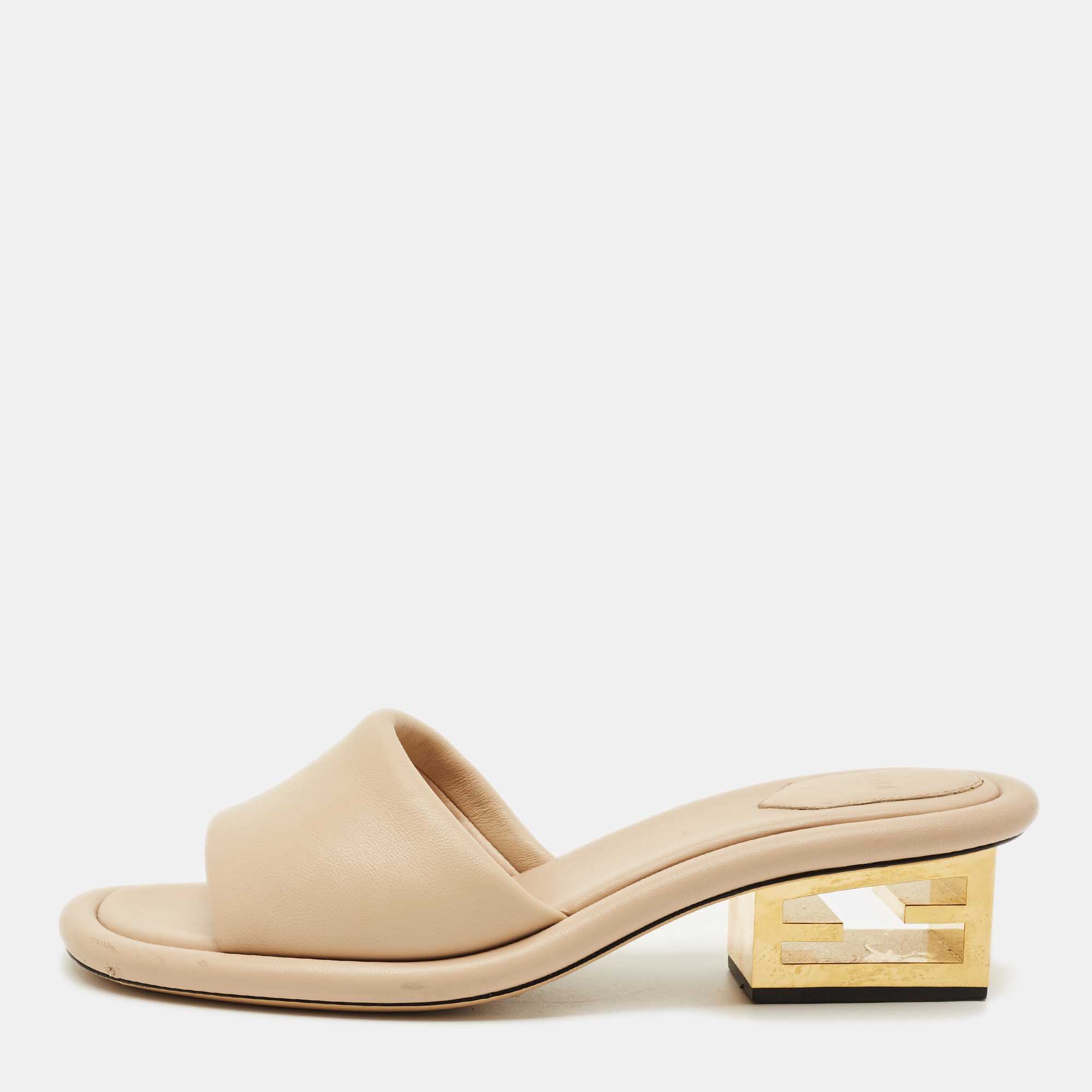 Fendi Beige Leather Baguette Heel Slide Sandals Size 41