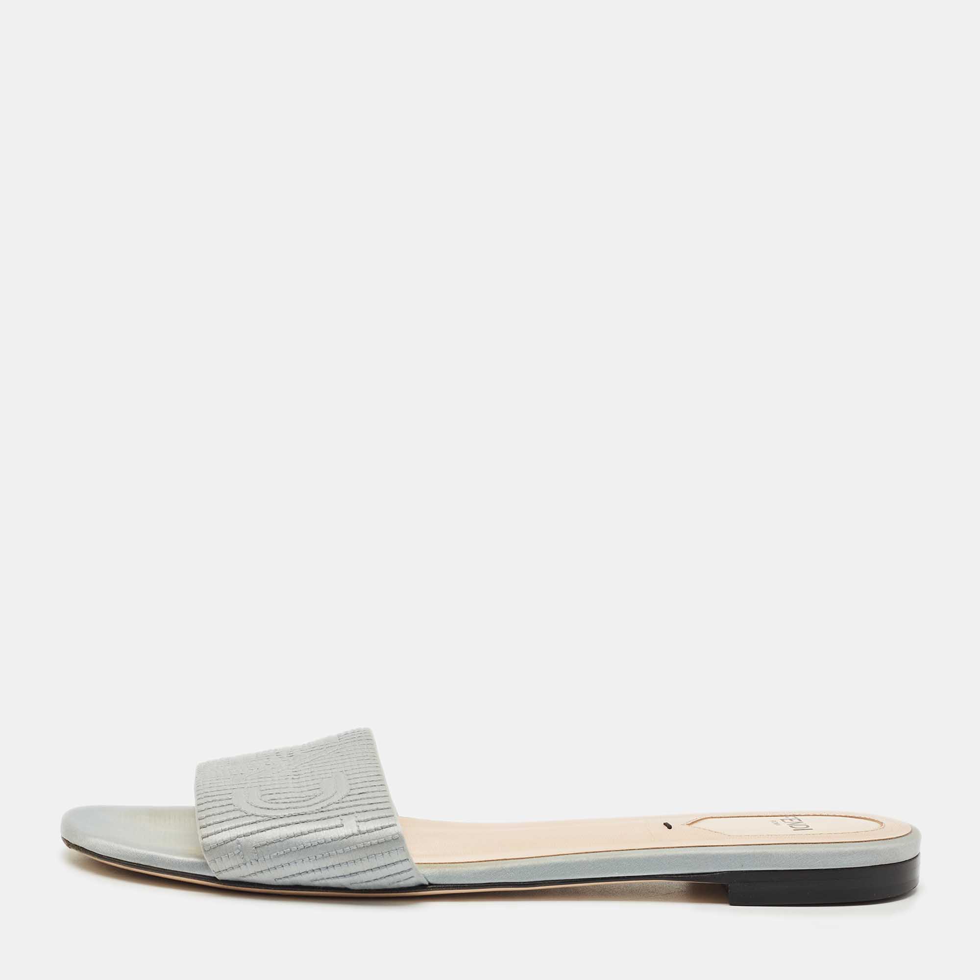 Pre-owned Fendi Grey Satin Logo Embroidered Flat Slides Size 39.5 In Gray