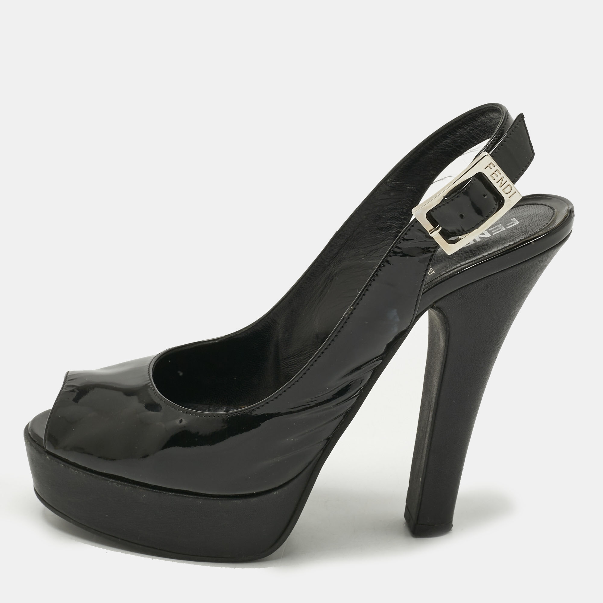 

Fendi Black Patent Leather Slingback Platform Pumps Size 38.5