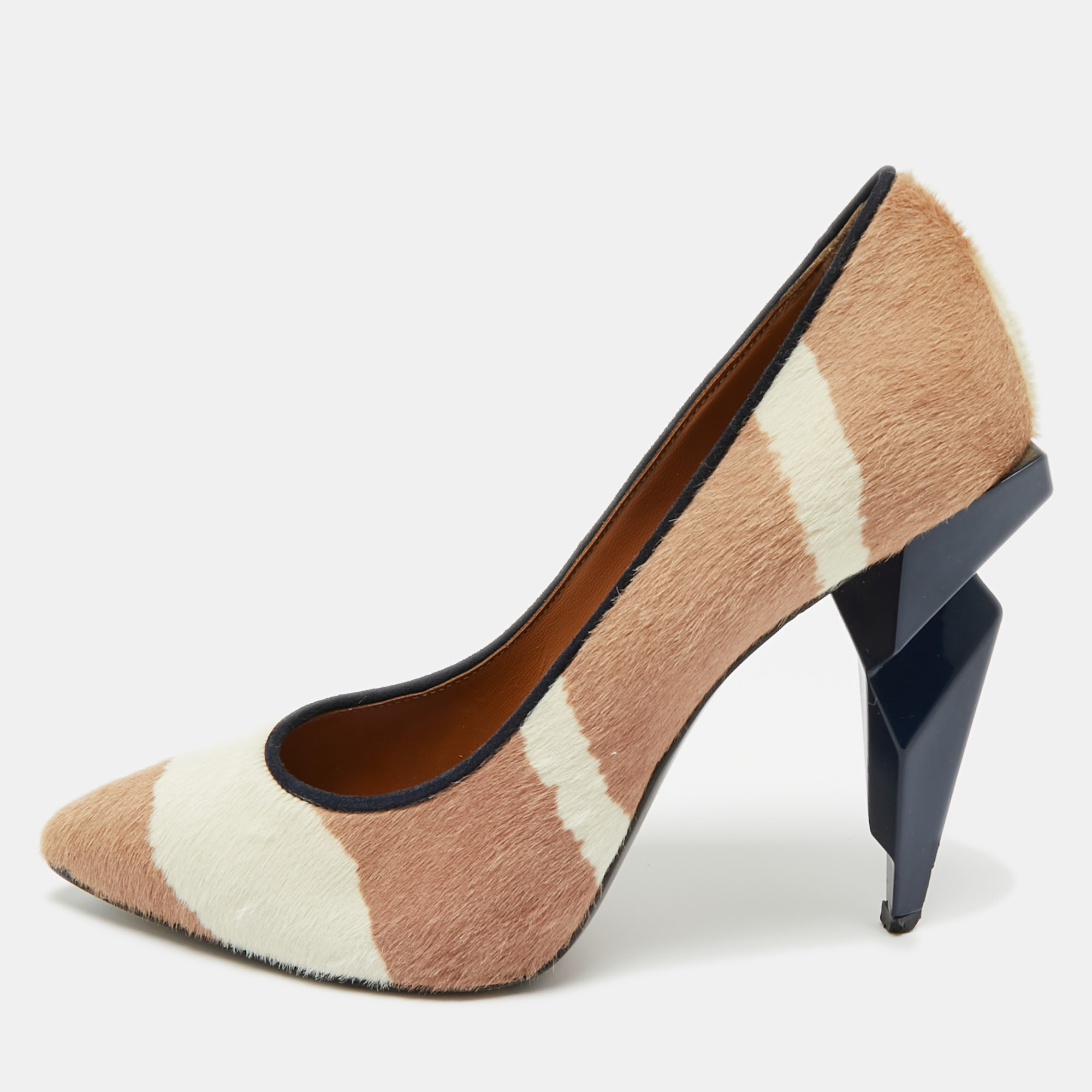 Pre-owned Fendi Beige/white Zebra Print Calf Hair Diamond Heel Pumps Size 38.5 In Brown