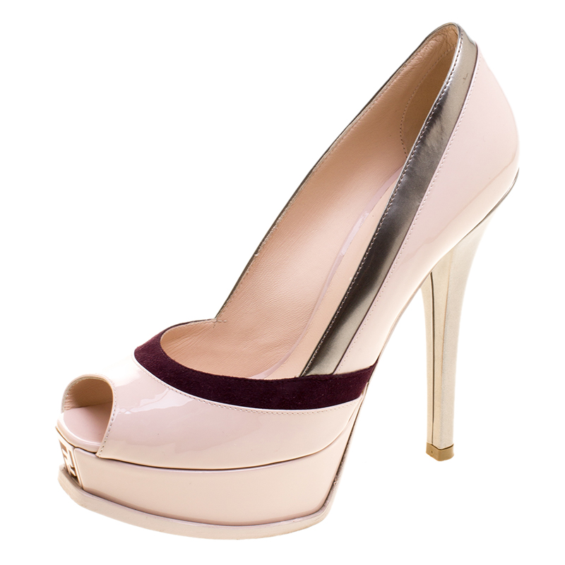 Pre Owned Fendi Tri Color Patent Leather and Suede Fendista Peep Toe Platform Pumps Size 39