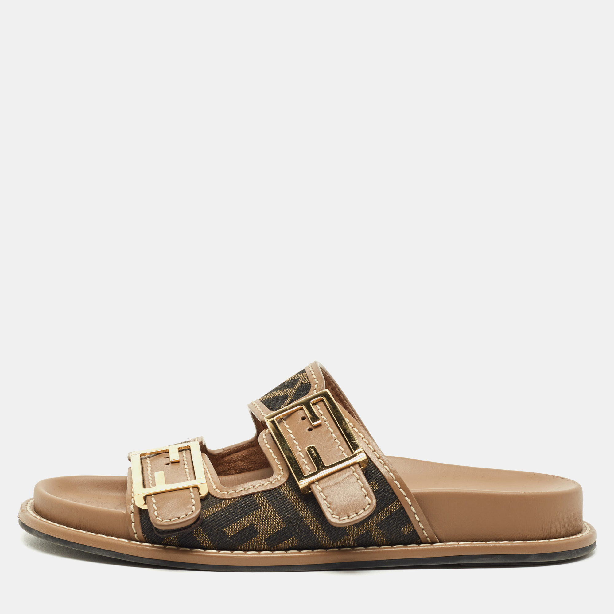 

Fendi Brown Zucca Canvas and Leather Feel Flat Sandals Size