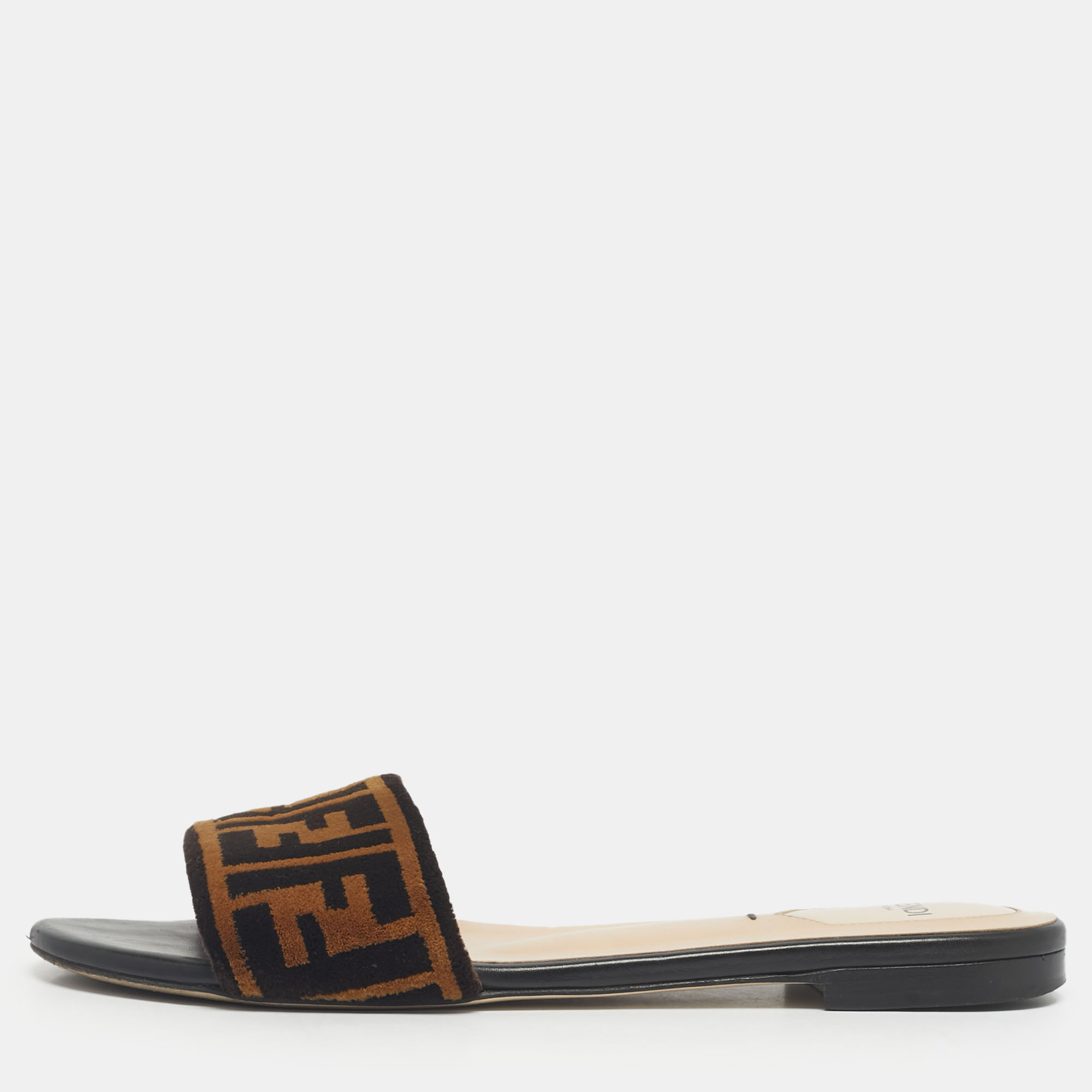 Fendi Two Tone Zucca Velvet Flat Slides Size 38