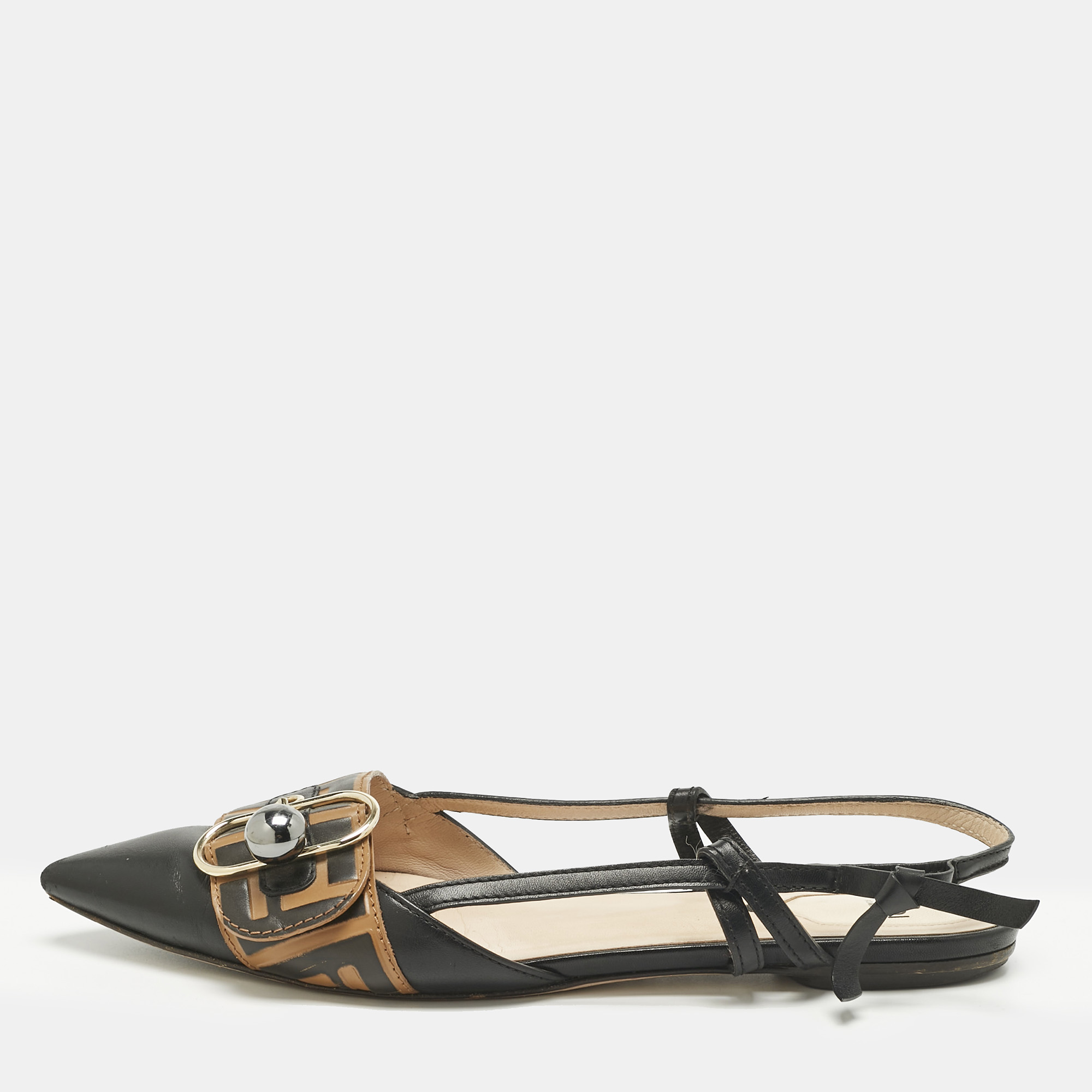 Pre-owned Fendi Black/brown Leather Buckle Strap Slingback Pointed Sandals Size 40
