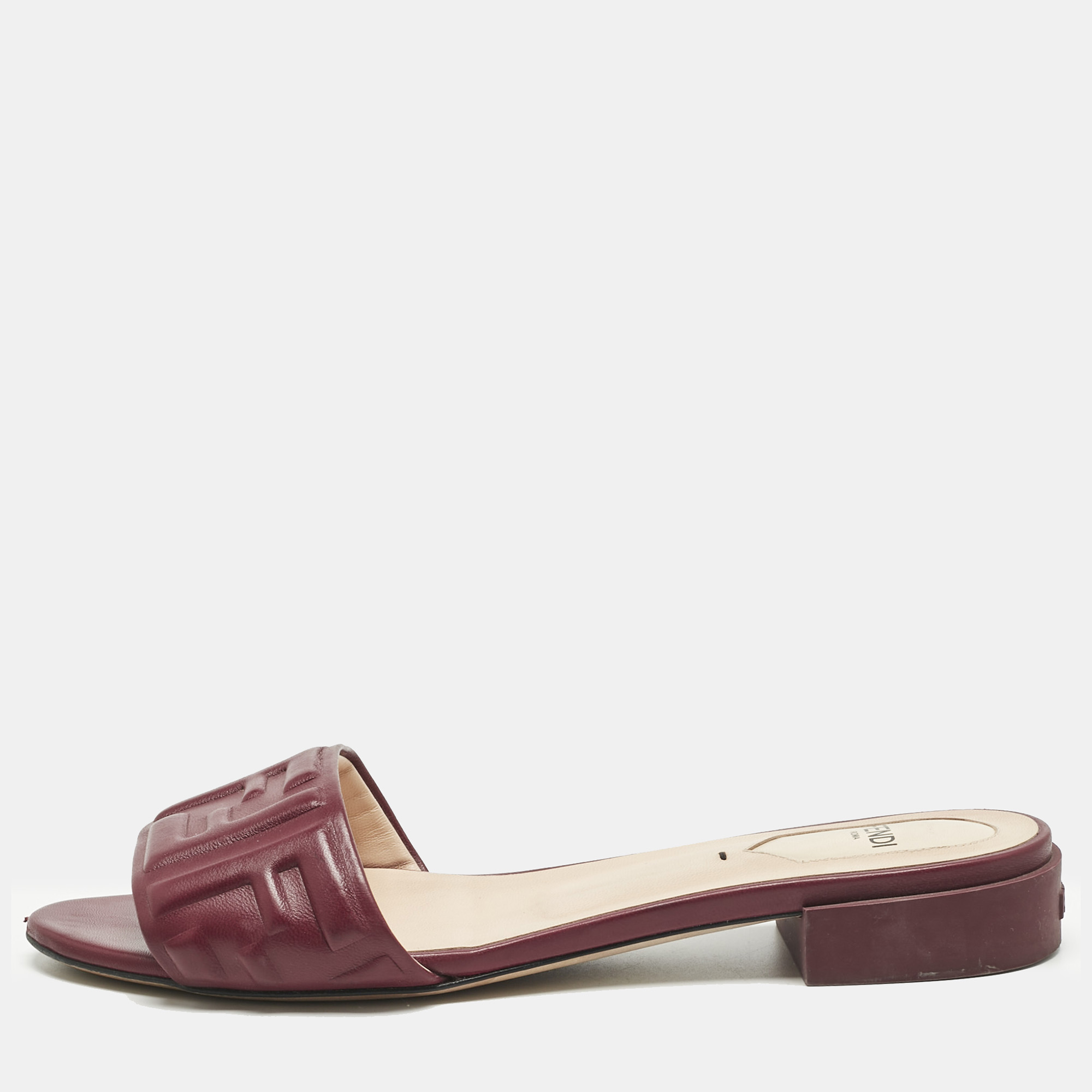 Fendi Burgundy Leather FF Flat Slides Size 38.5