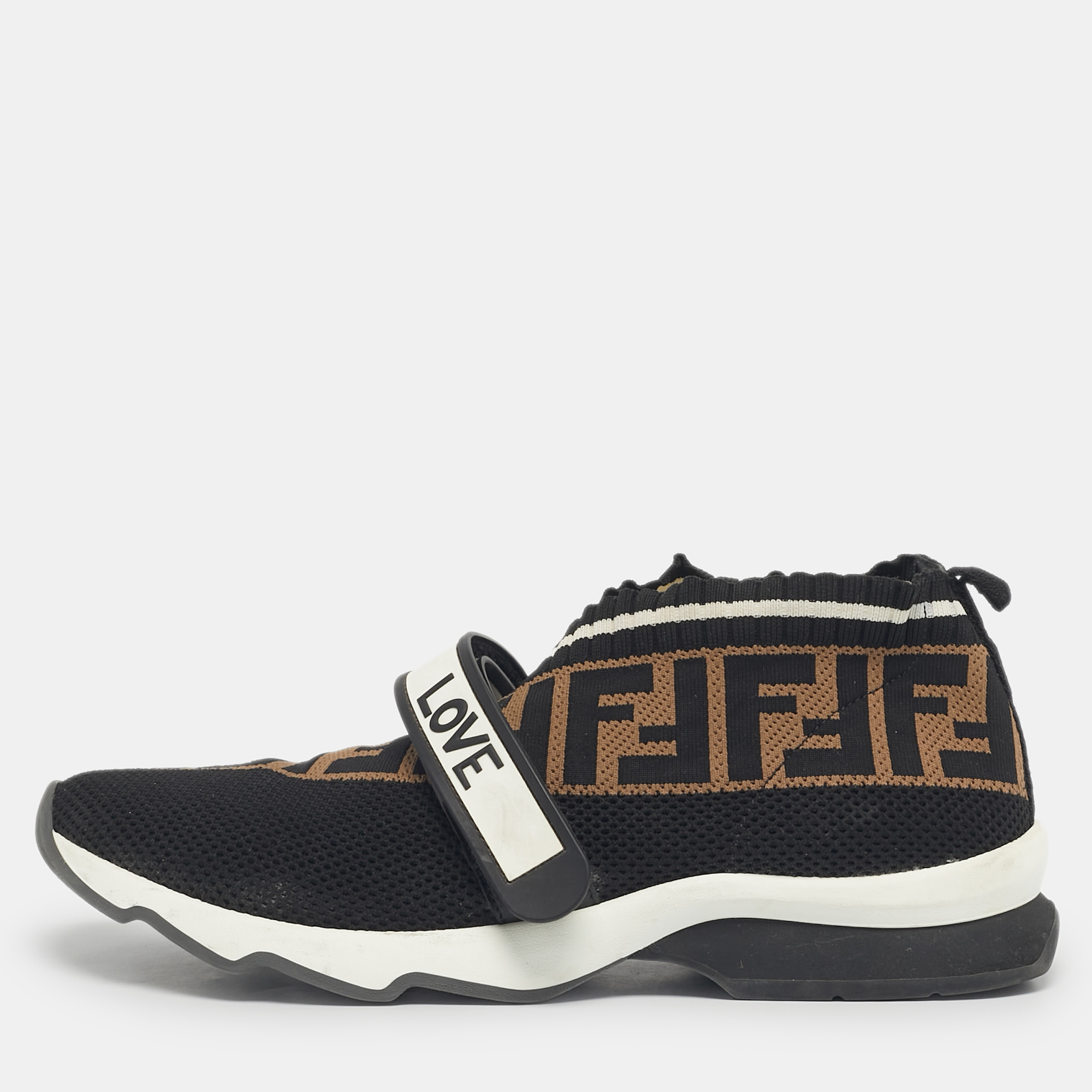 

Fendi Black/Brown Knit Fabric FF Rockoko Slip On Sneakers Size