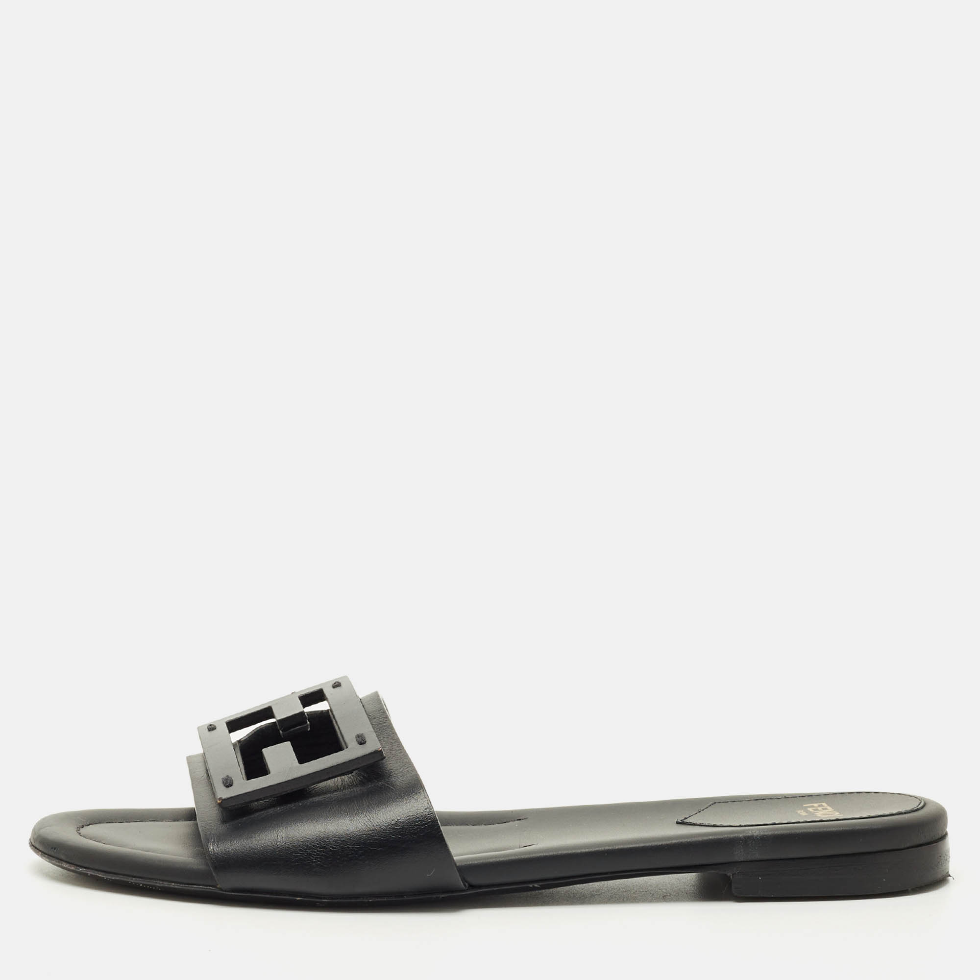 Pre-owned Fendi Black Leather Logo Flat Slides Size 38