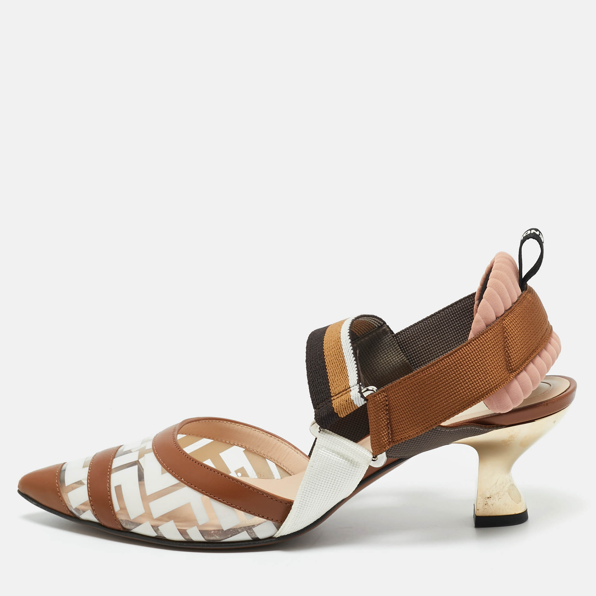 

Fendi Brown/White Zucca PVC and Leather Colibri Slingback Pumps Size