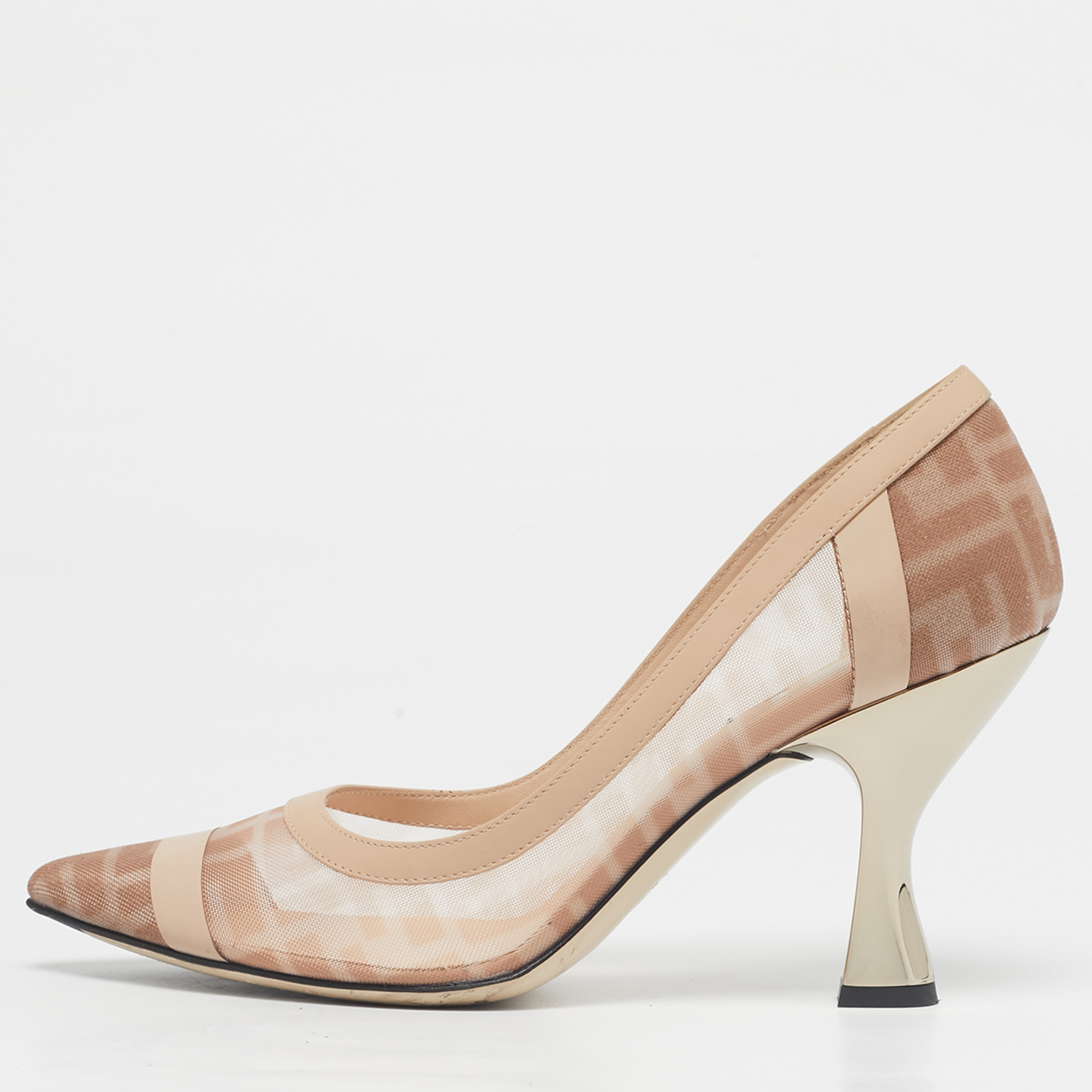 

Fendi Light Pink/Brown Zucca Mesh and Leather Colibri Pumps Size