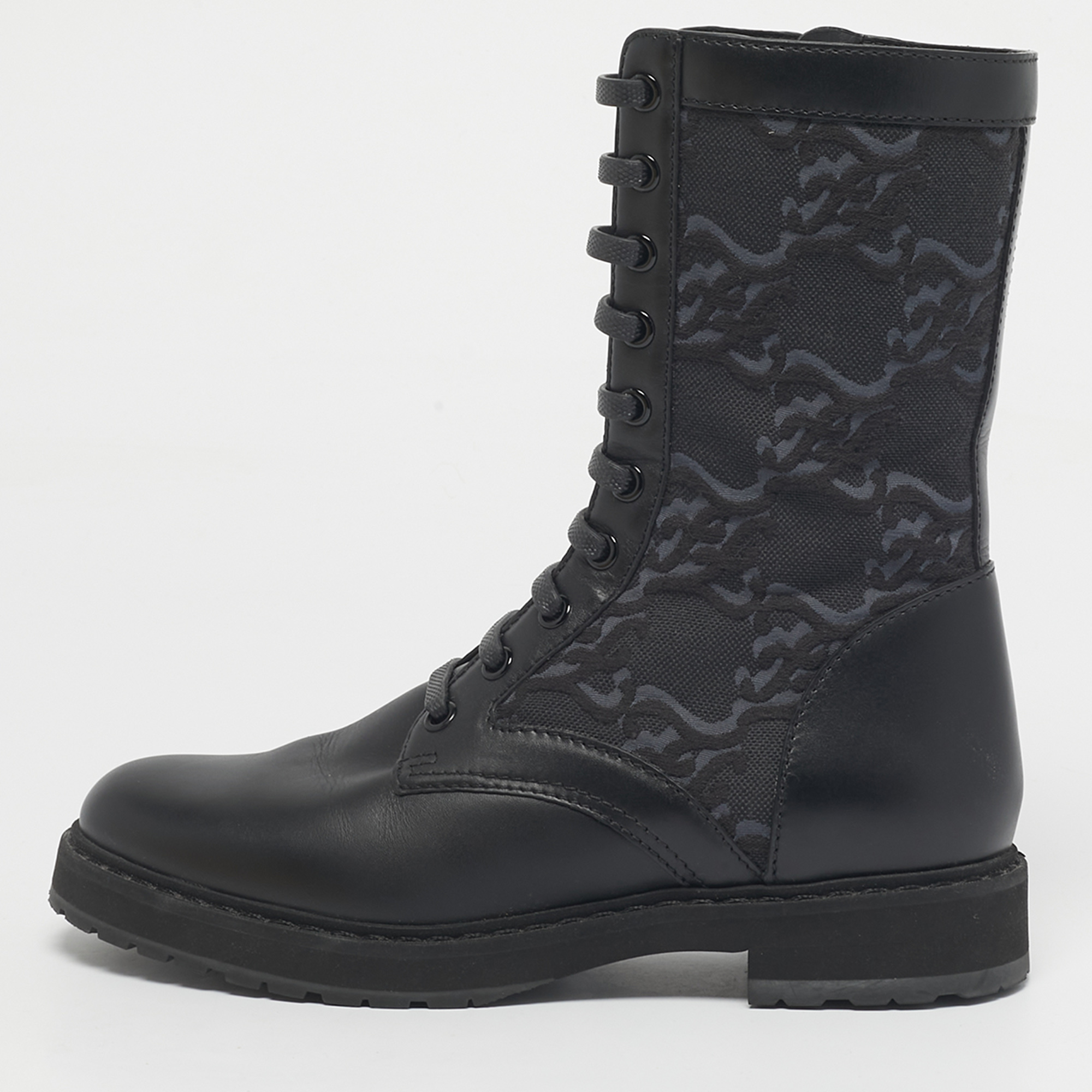 

Fendi Black Karligraphy Jacquard and Leather Combat Boots Size