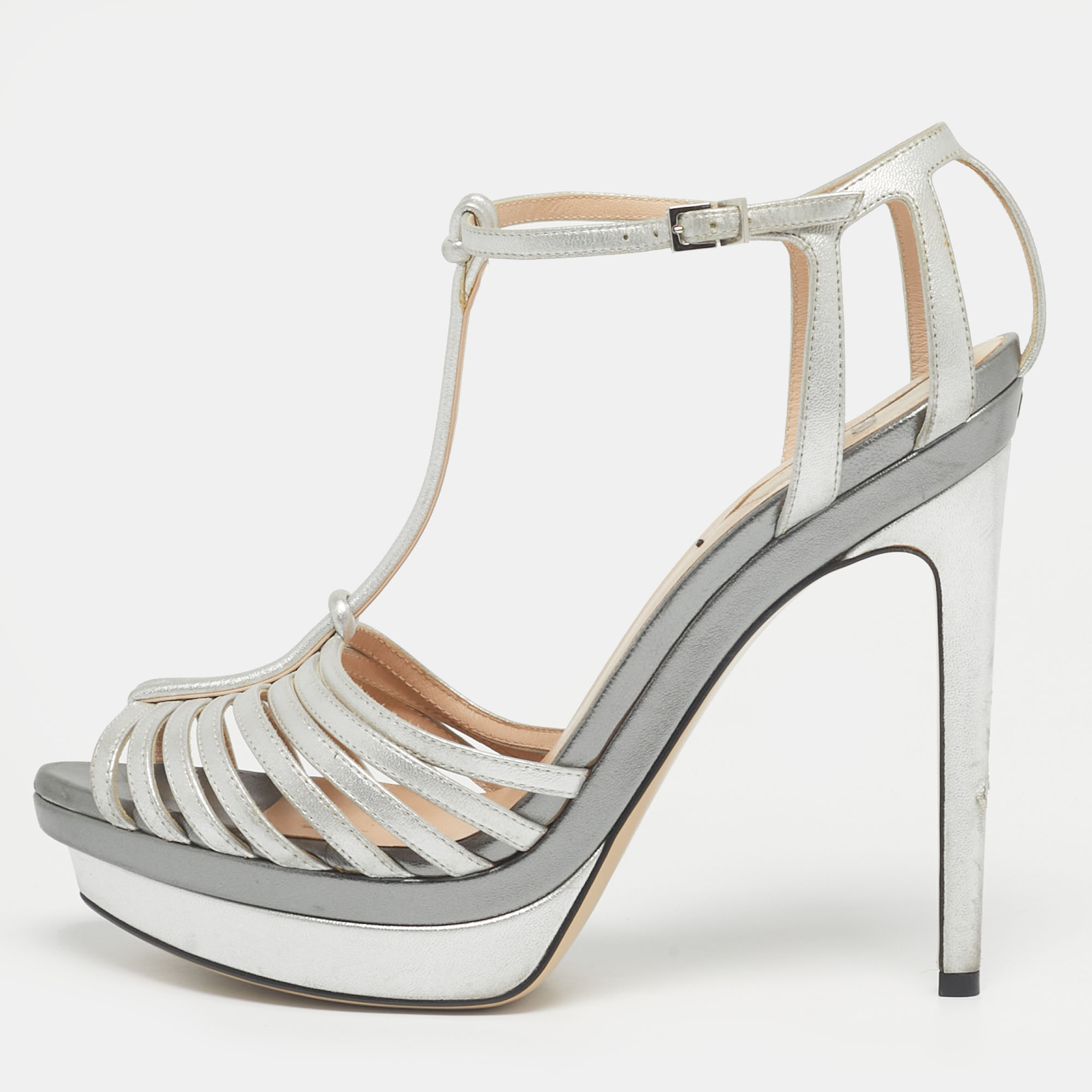 

Fendi Silver Leather T-Strap Platform Sandals Size