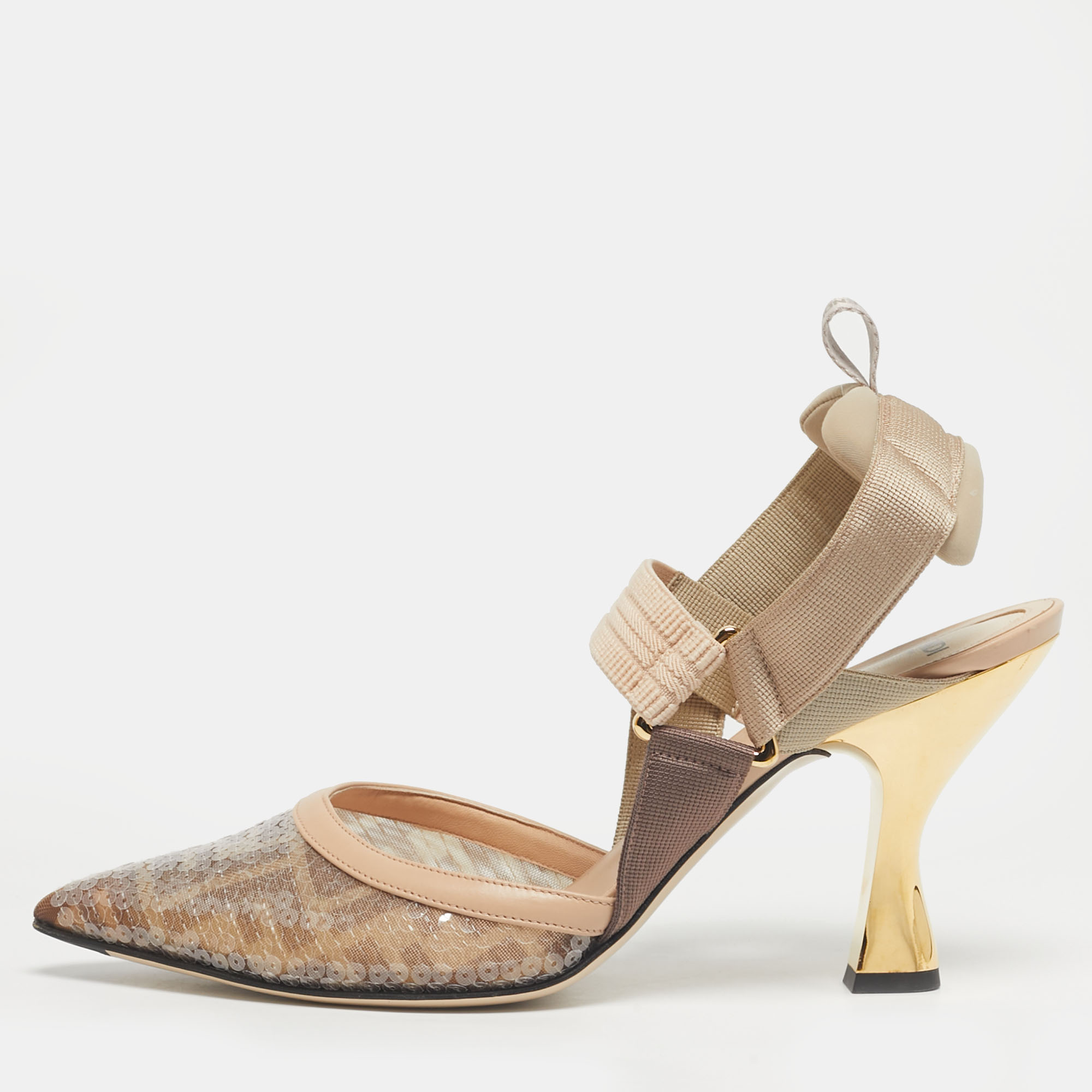 

Fendi Brown/Beige Sequins and Canvas Colibri Slingback Pumps Size