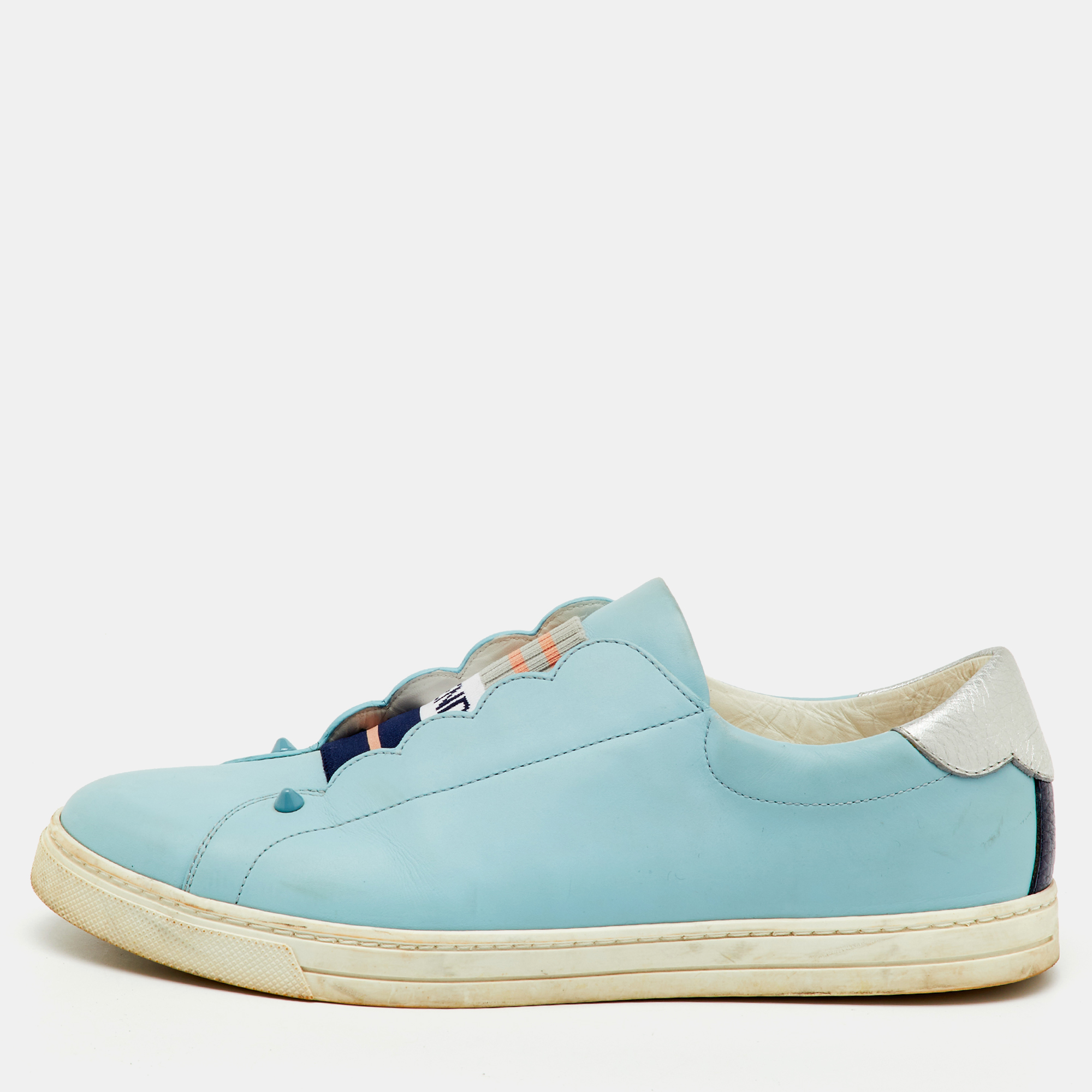 

Fendi Light Blue/Silver Leather Rockoko Slip On Sneakers Size