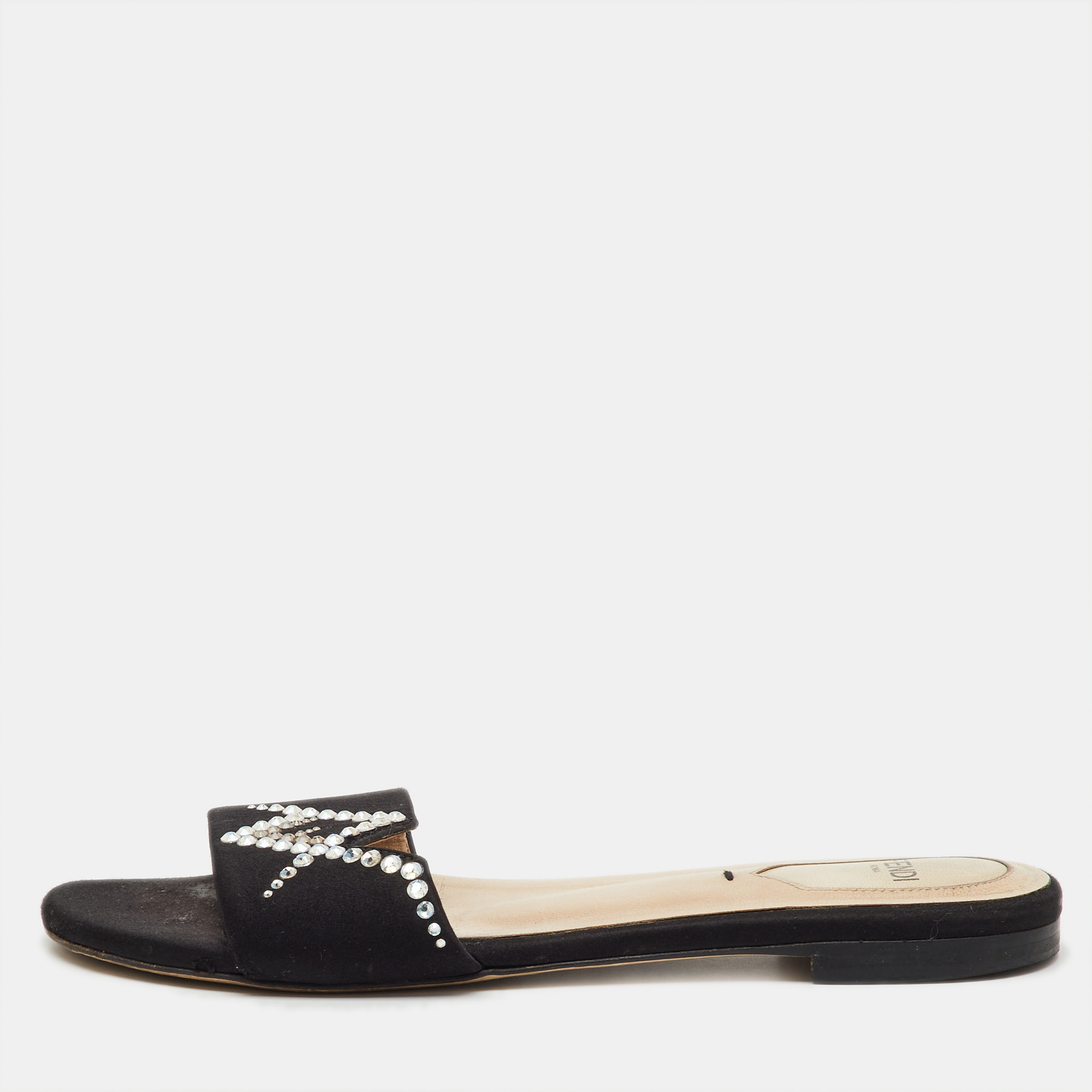 Pre-owned Fendi Black Satin Crystal Embellished Flat Slide Sandals Size 36